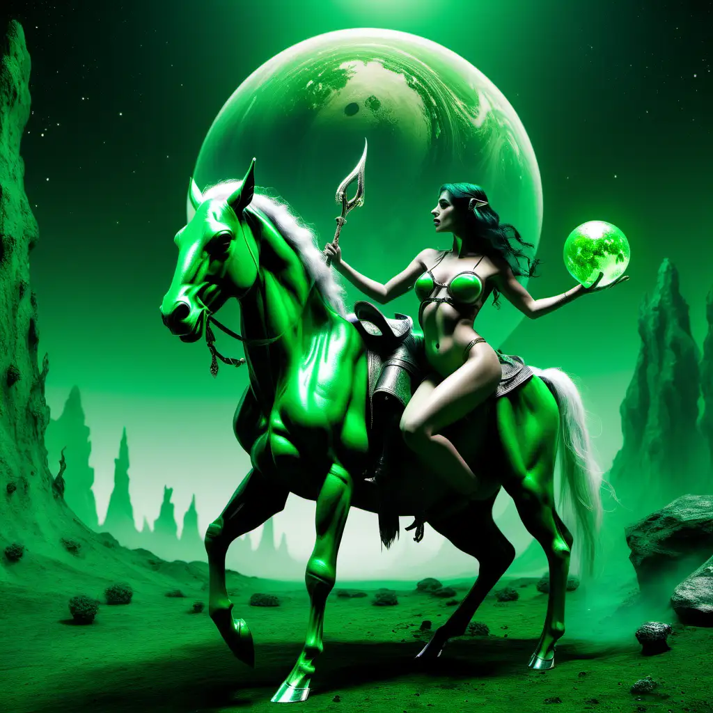 green sensual female sorcerer with a centaur in a green planet scenario 