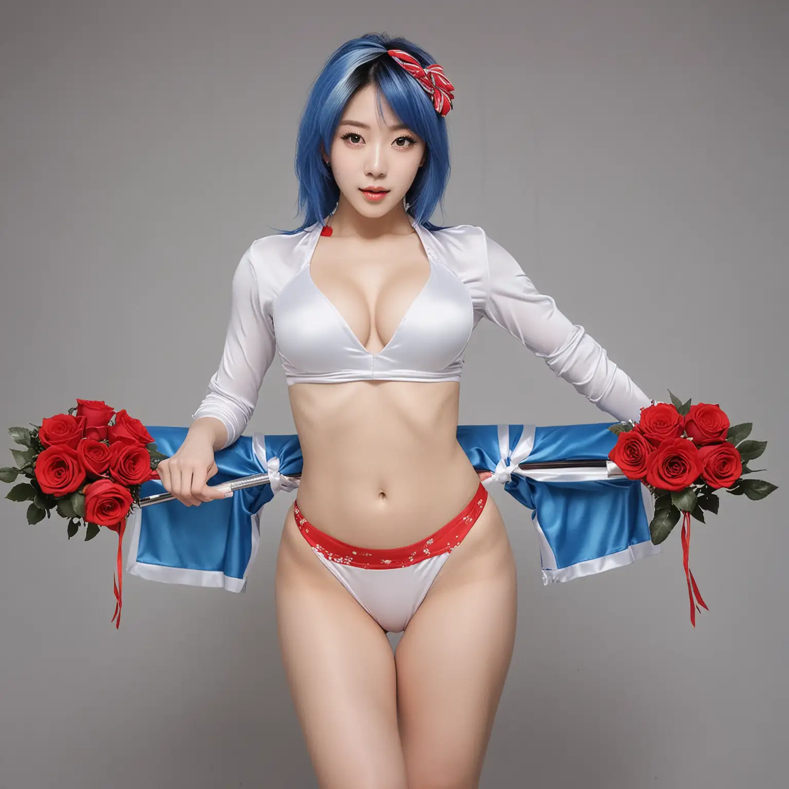 Elegant Korean Gymnast with Red and White Hair Performing on Pommel Horse Amidst Blue Roses