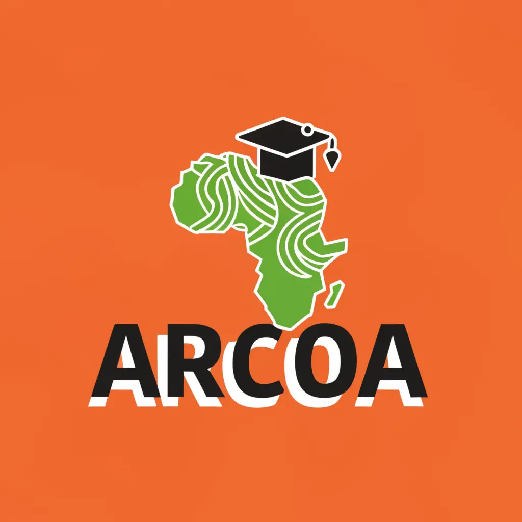 a logo design,with the text ARCOA, main symbol:Africa Map, Two Palm leaves holding around the map and Graduate Cap,complex,clear background