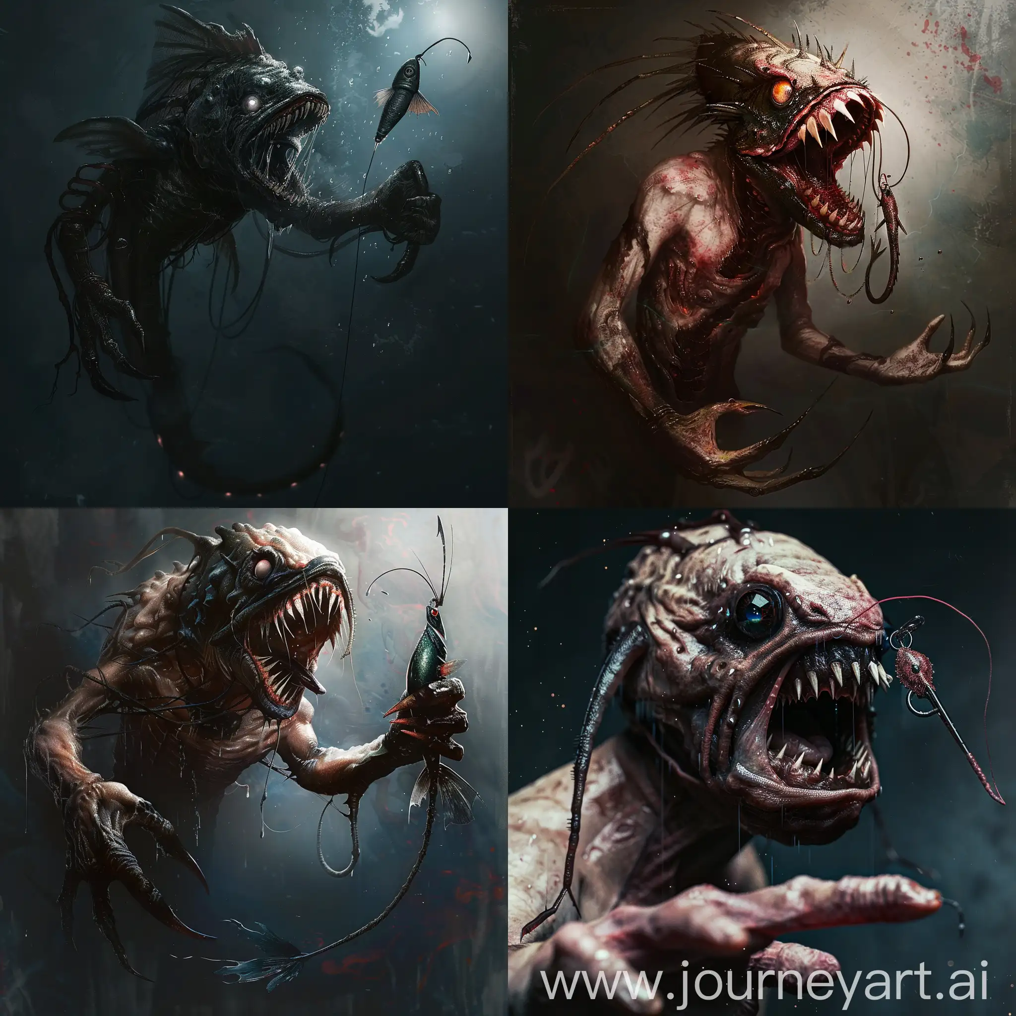 A human with webbed hands and sharp teeth and the lure of an anglerfish, dark fantasy.