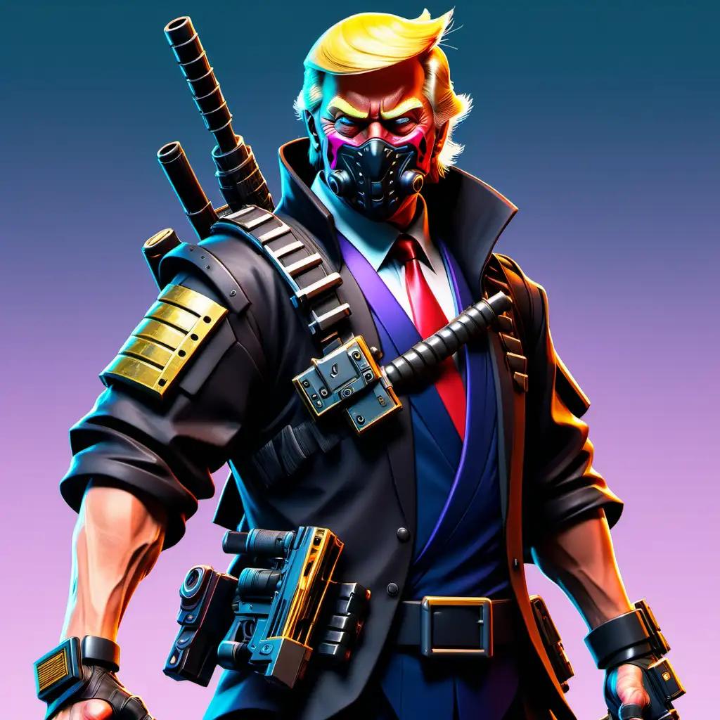 donald trump but as a cyberpunk fortnite style character samurai ninja with 3 guns on his shoulder