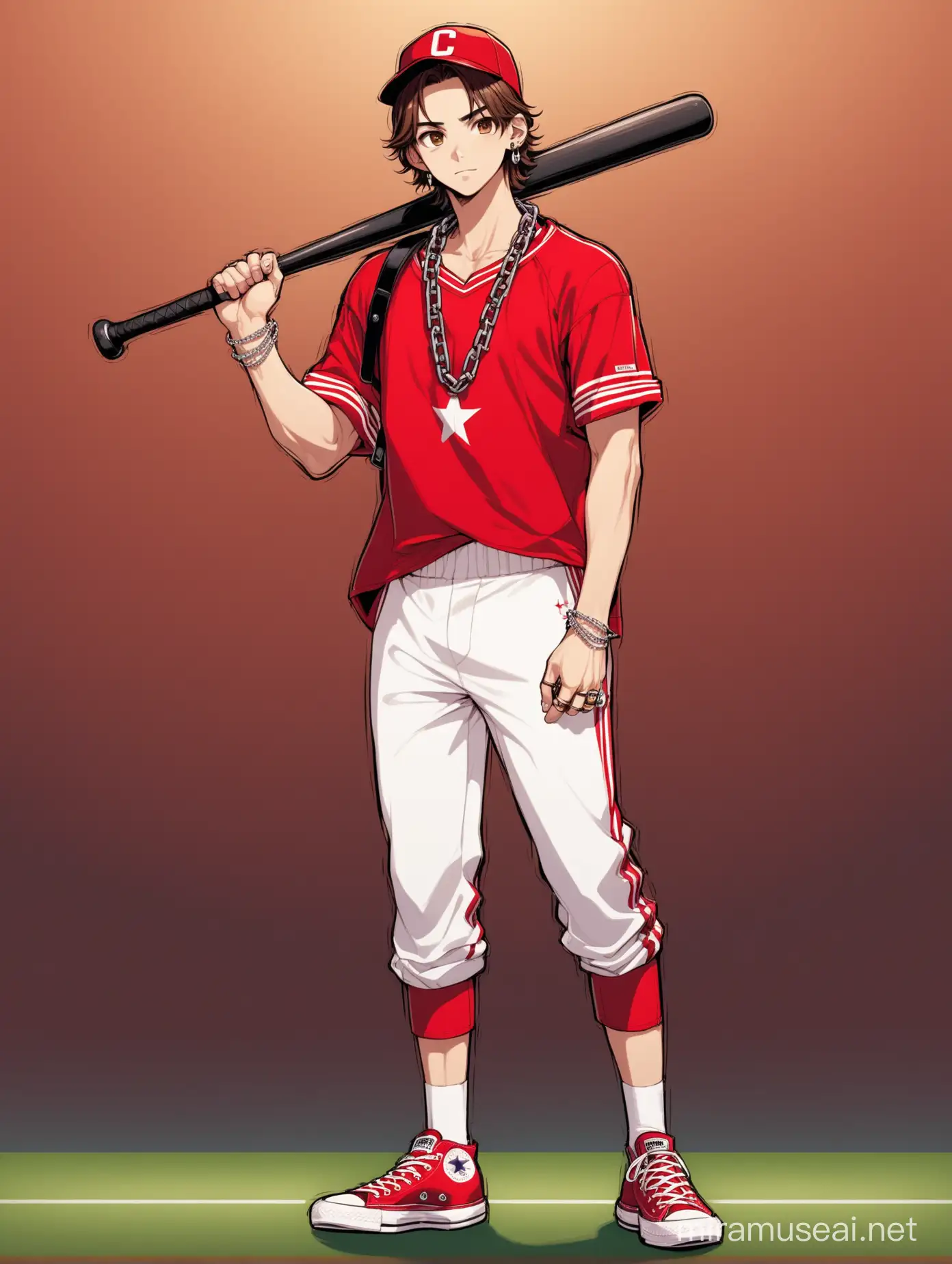 Stylish Young Man in Red Sports Attire with Baseball Bat
