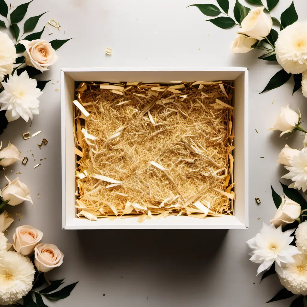 give me a white rectangular open gift box filled with gold shredded paper only on a table with flowers, nothing inside, shot from above