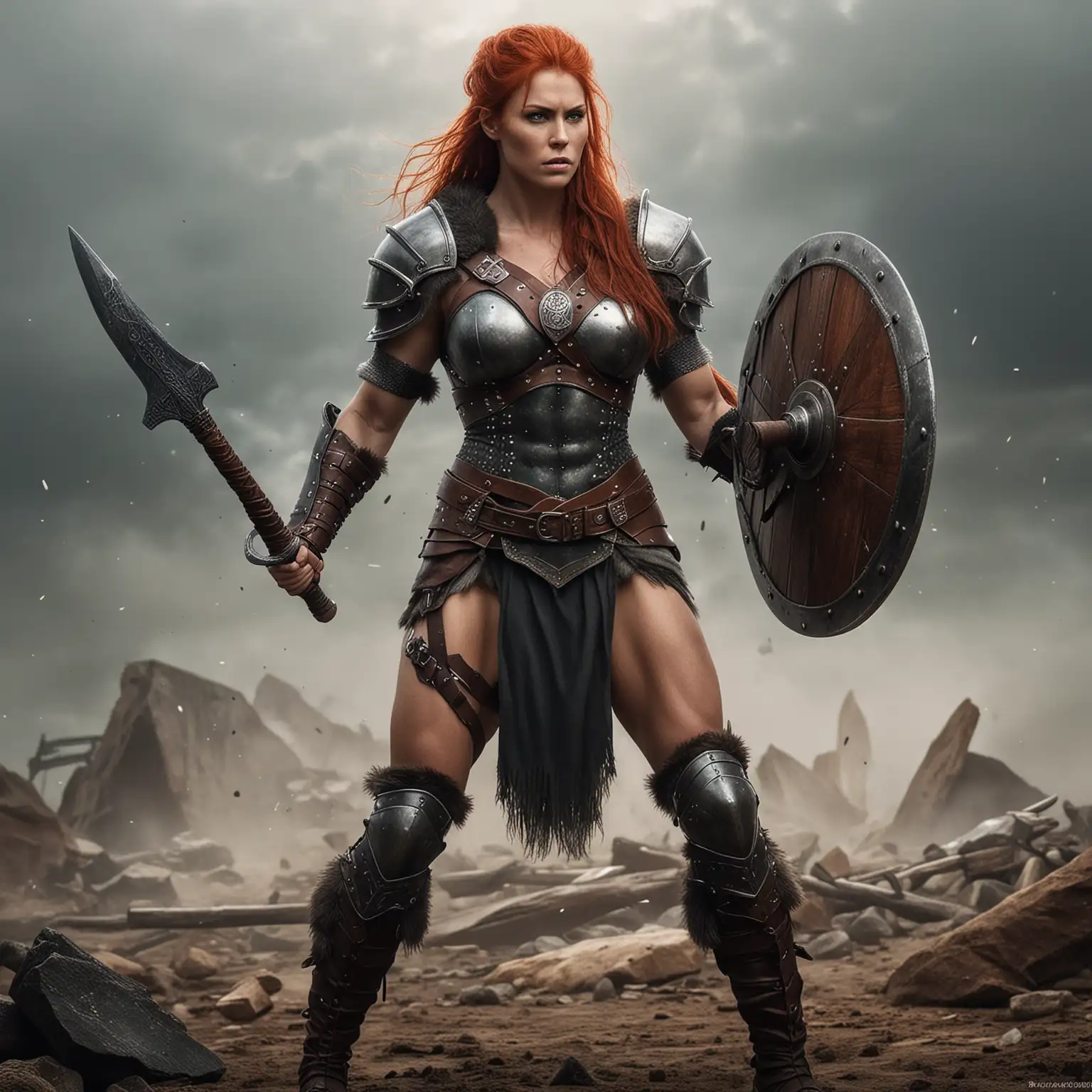 Generate an image showcasing an imposing Viking barbarian woman, reminiscent of a bodybuilder, with bulging muscles that speak of unparalleled strength. She wields a colossal war axe with ease, its sharp edge gleaming in the light. Clad in sturdy leather armor, she emanates an aura of invincibility and battle-hardened resilience. Ensure her physique exudes power and dominance, embodying the epitome of a formidable warrior. red hair. Full body armour for men.  
 