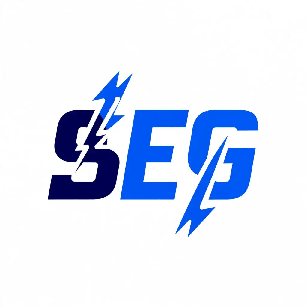 a logo design,with the text "SEG", main symbol:electrical shocks surrounding SEG with modern font
use color palate of dark blue and white,Moderate,clear background