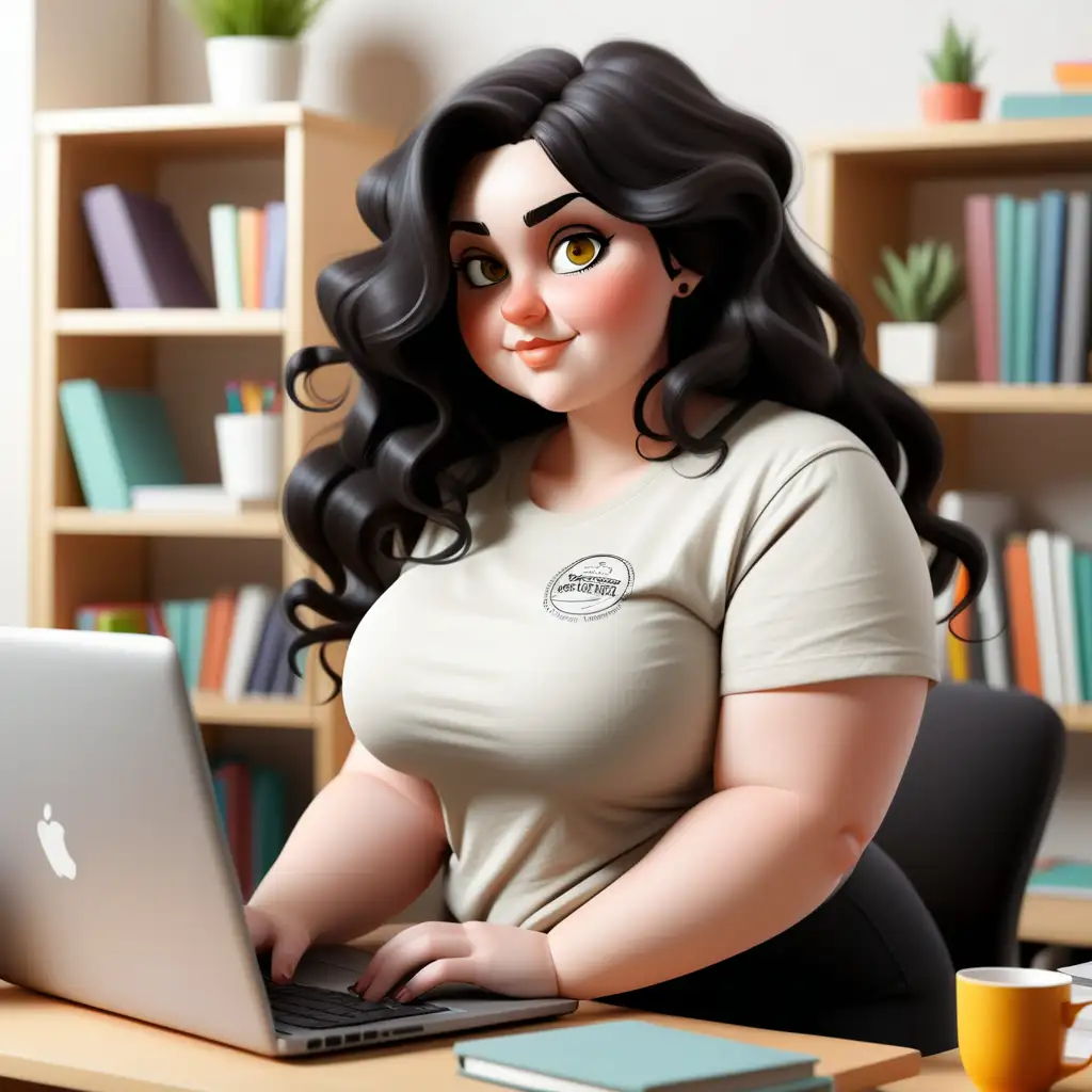 Female long black wavy hair, small pixie like nose, very fair skin, hazel eyes, curvy body, modest t-shirt, slightly chubby face, working in a home office at a desk on a laptop, bookshelves in the background, bright background