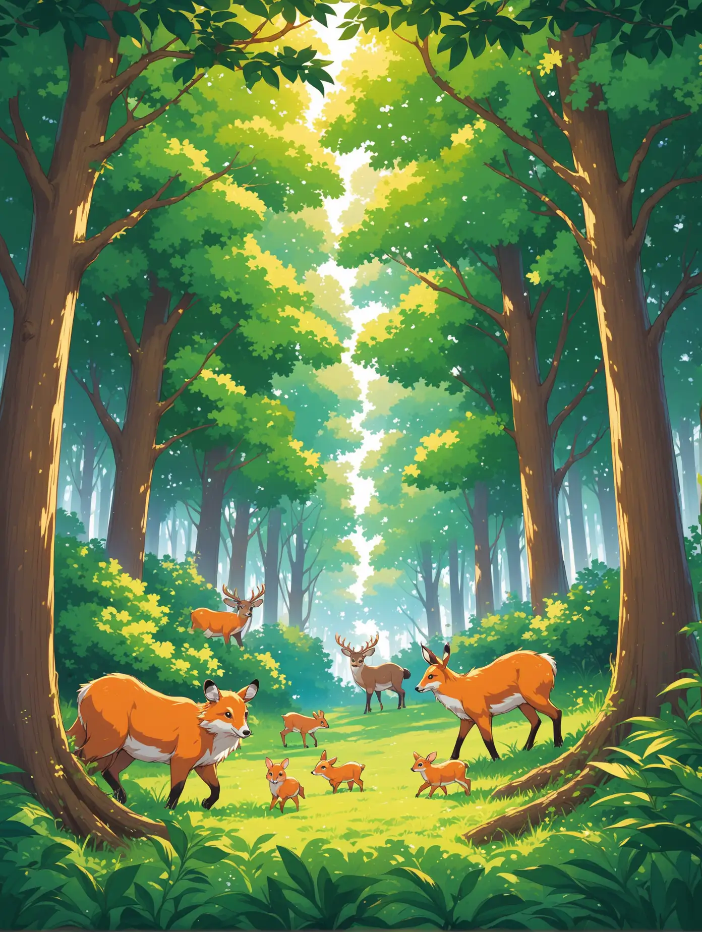 Forest clearing with animals hiding in the trees