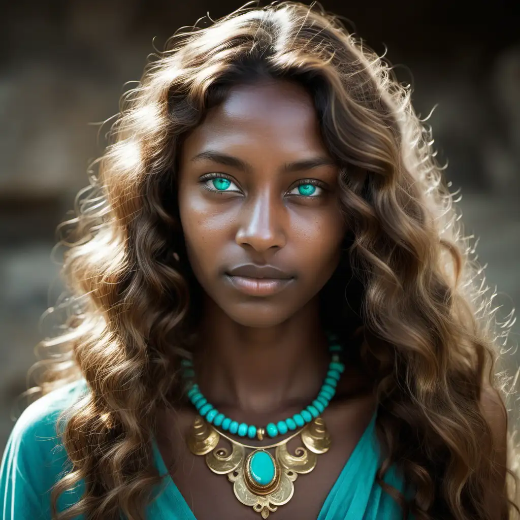 Woman with wavy long light brown hair and darker skin, small nose, turquoise eyes with no make-up, golden ancient jewlery.
