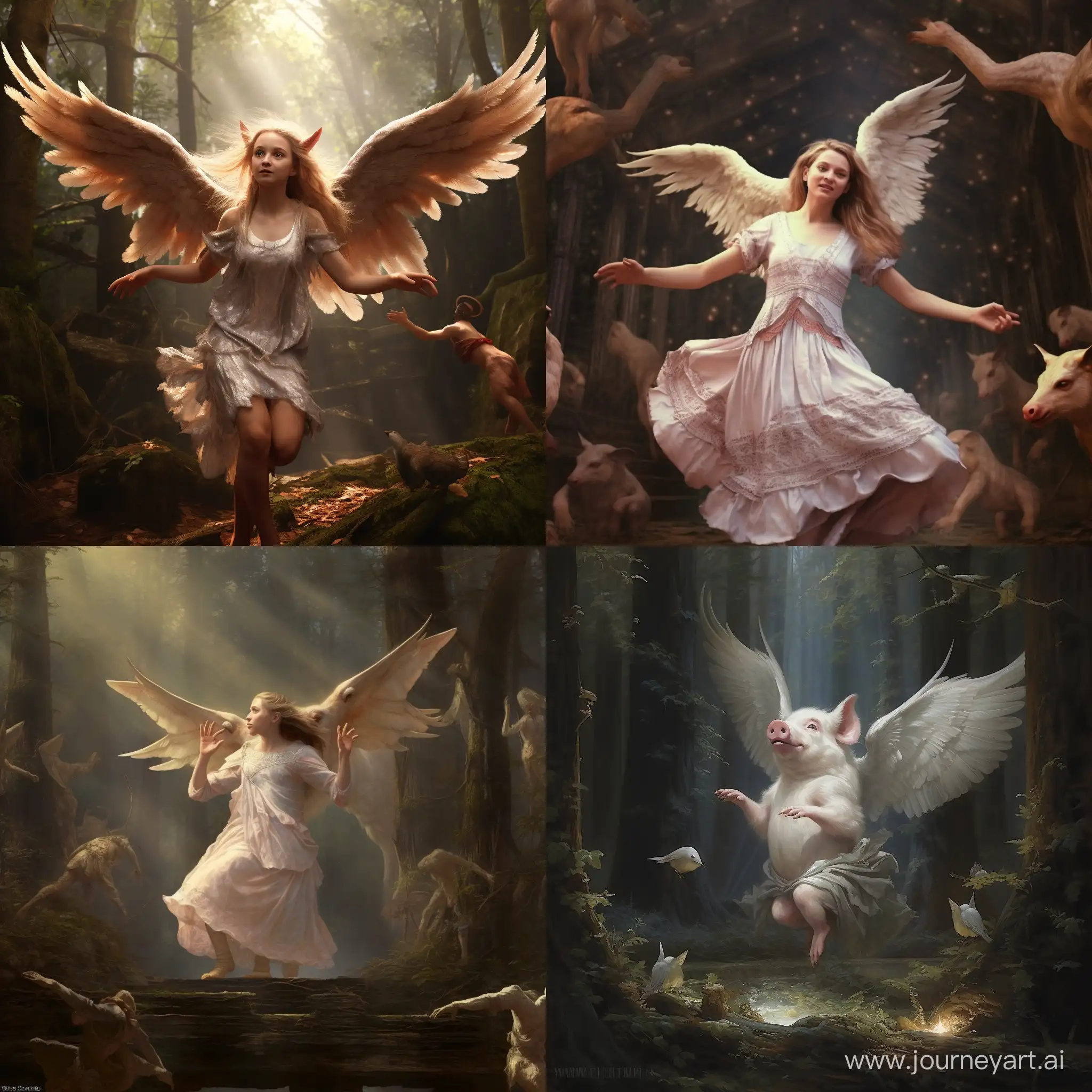 An Angel dances in the woods while pigs watch.