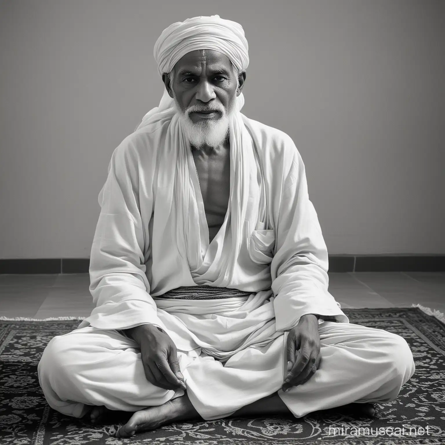 Sai Baba Meditating in Traditional Pagdi Serene Black and White Portrait