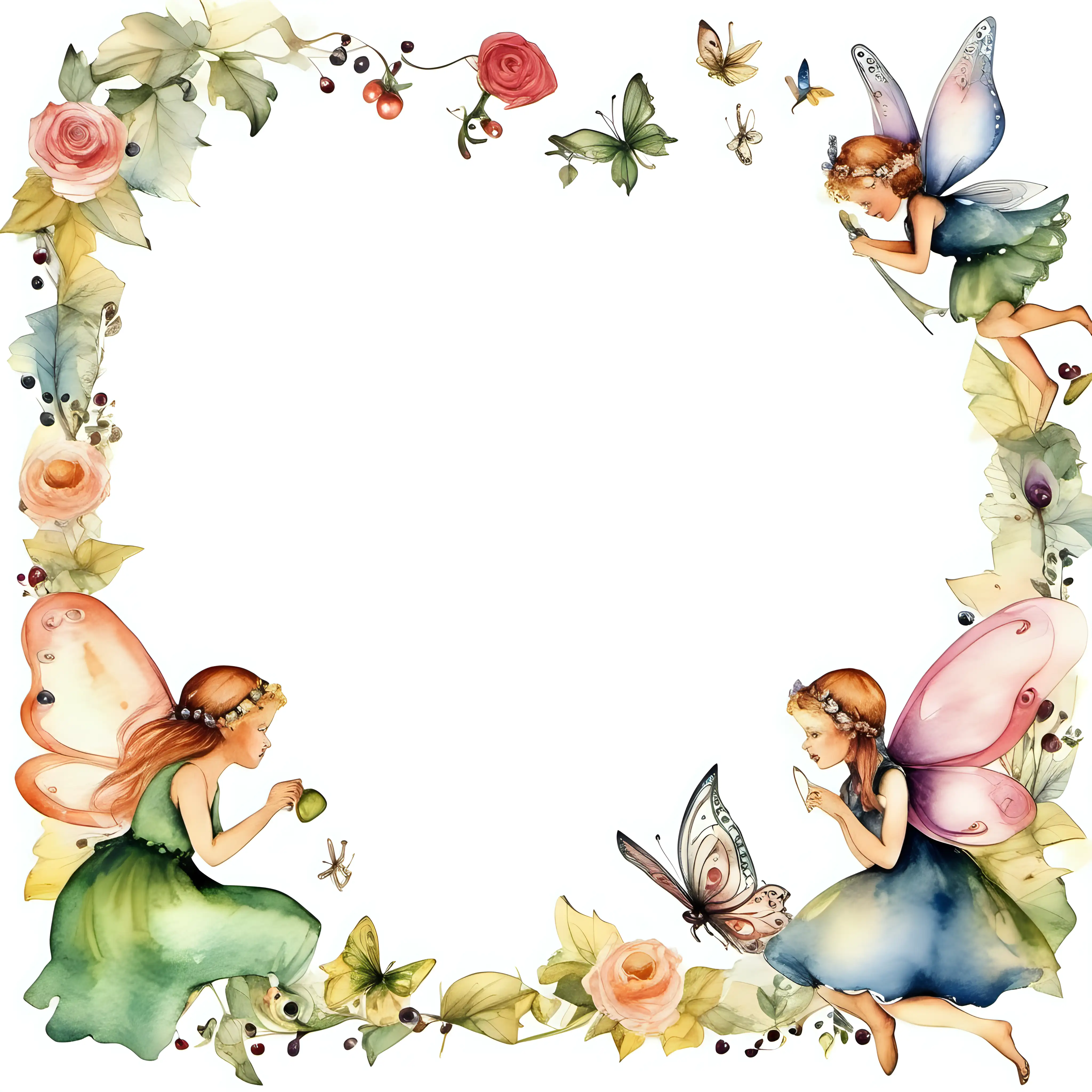 cute whimsical, fairy page border, vintage, Watercolor, High Quality, isolated on background, suitable for clipart