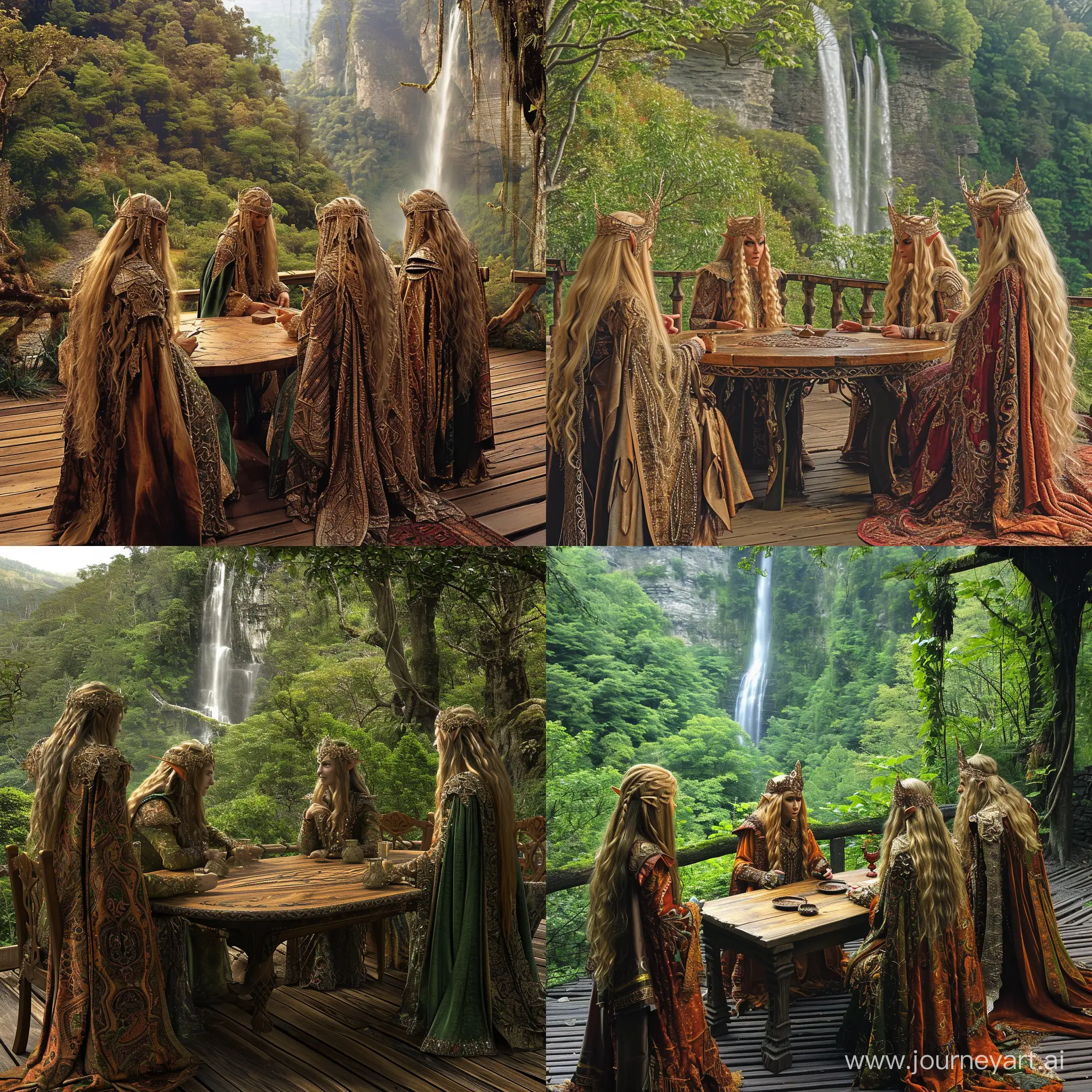 four elves, each from a different family, dressed in ornate robes, discuss at a wooden table on a terrace overlooking the forest, with a waterfall visible in the distance, fantasy, epic, 4k, hd, lord of the rings