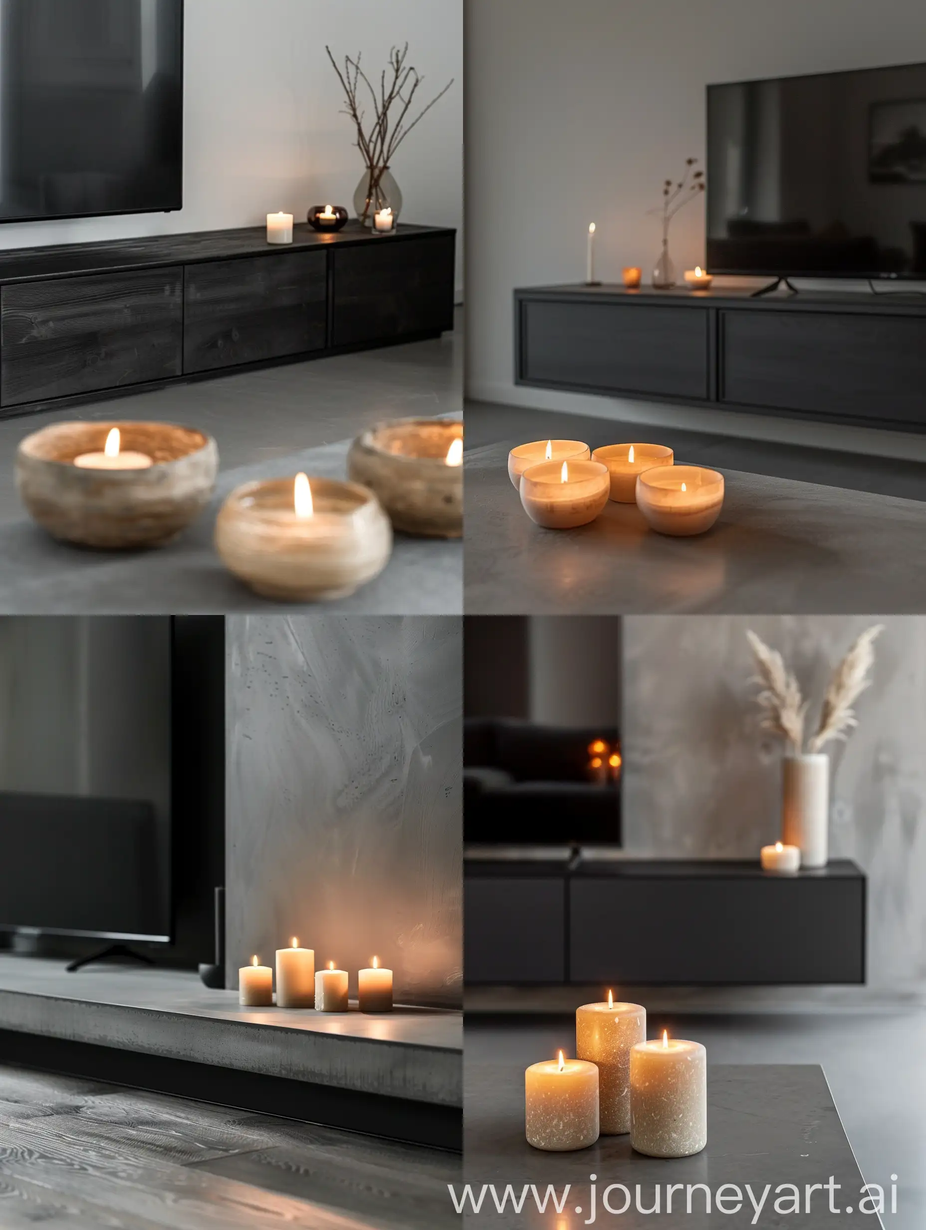 Dettaglio di un mobile TV  nero pavimento gres grigio candele beige accese stile scandinavo
