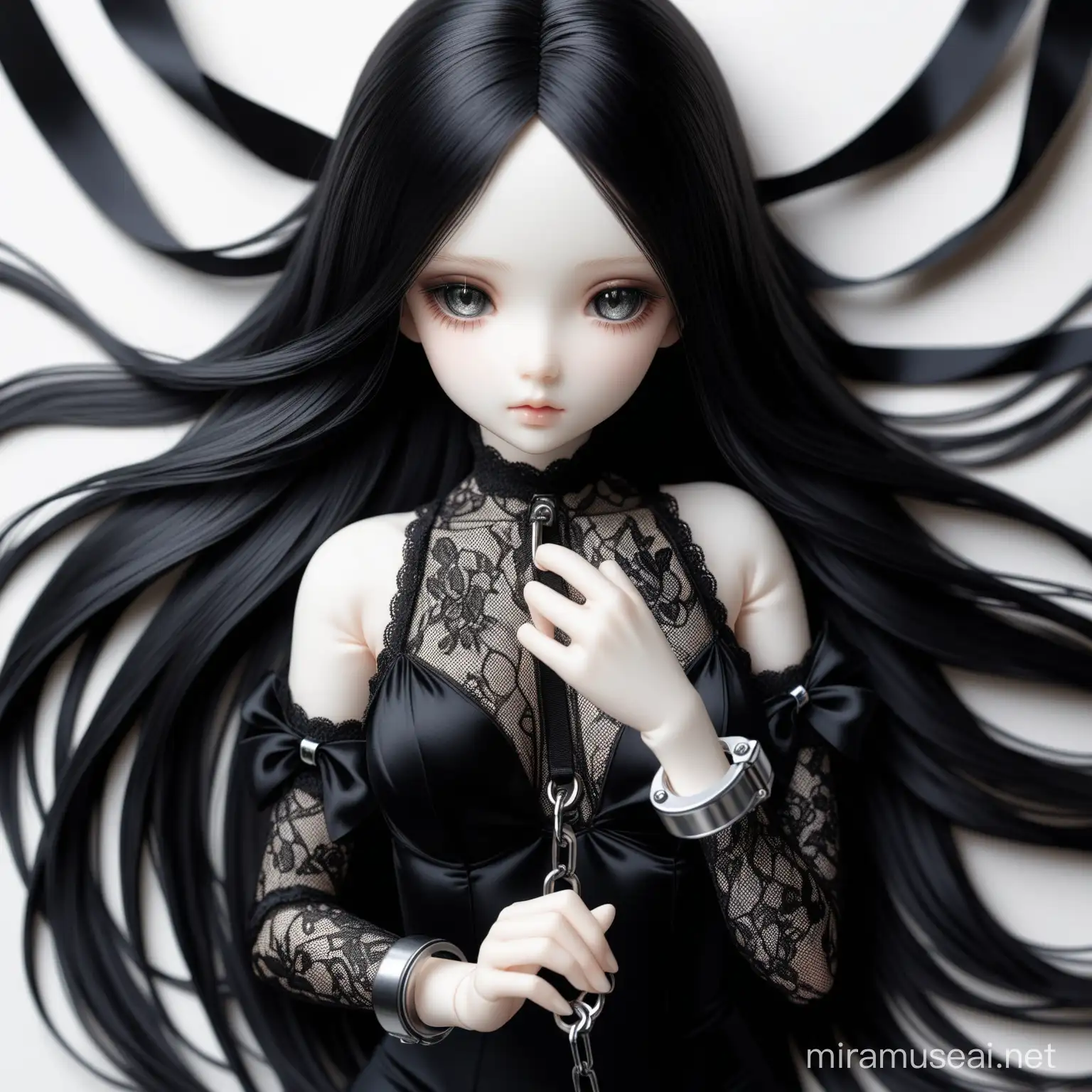 hyper detailed, hyperrealism, jointed BJD doll, body pale white skin, smokey eyes, very long black hair, very long straight hair, hyper detailed, hyperrealism, a girl in a lace bodysuit, black silk ribbons, black silk bows on her hands, handcuffs made of silk ribbons, top view