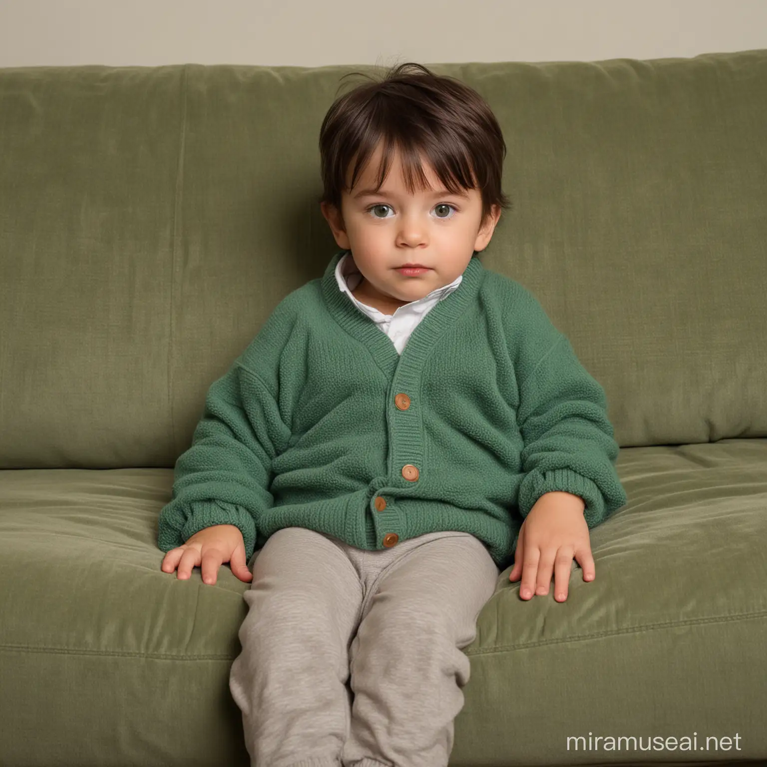 A little boy around the age of three years old, relaxing on the couch. He is wearing a cozy outfit. he had dark hair and green eyes.