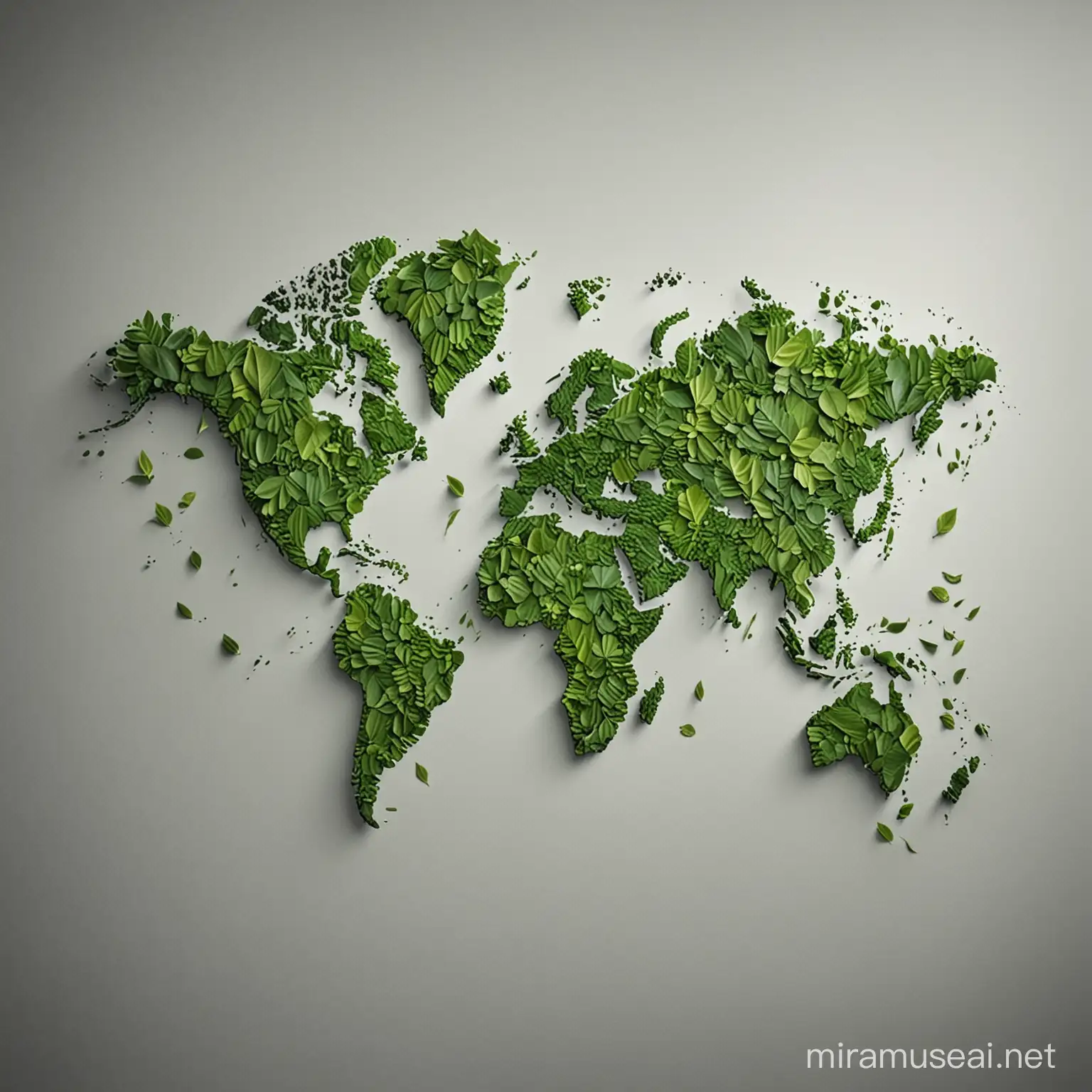 Artistic World Map Crafted from Green Leaves on Gray Background