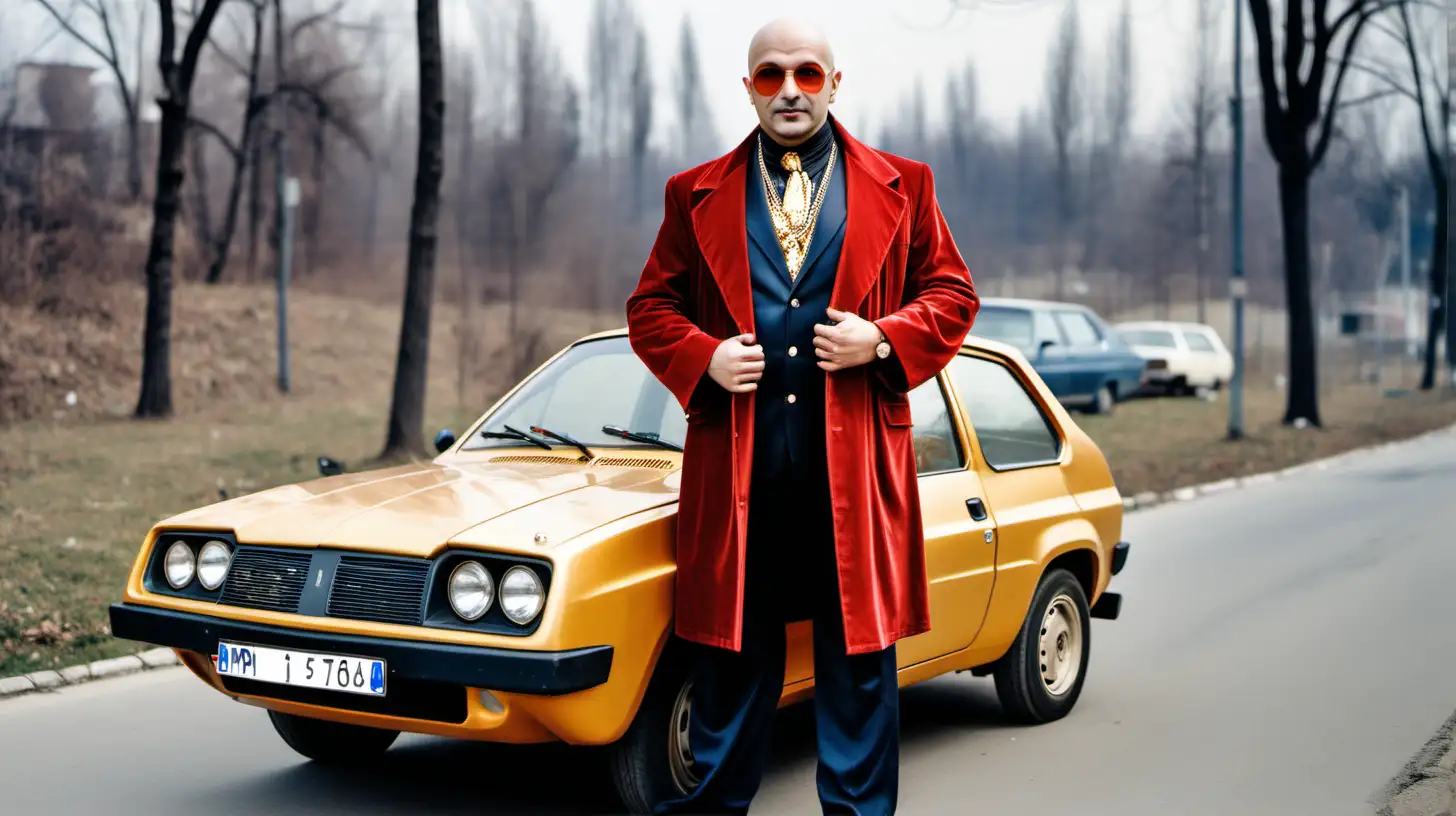silviu-alin bacanu, a bald romanian statistician, is dressed as 1970s pimp, in front of his tricked-out dacia car