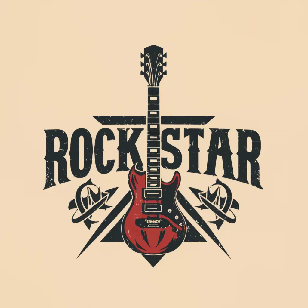 a logo design, with the text 'rockstar' but in rock and roll font also having the a be a guitar', main symbol: rock and roll, Moderate, clear background