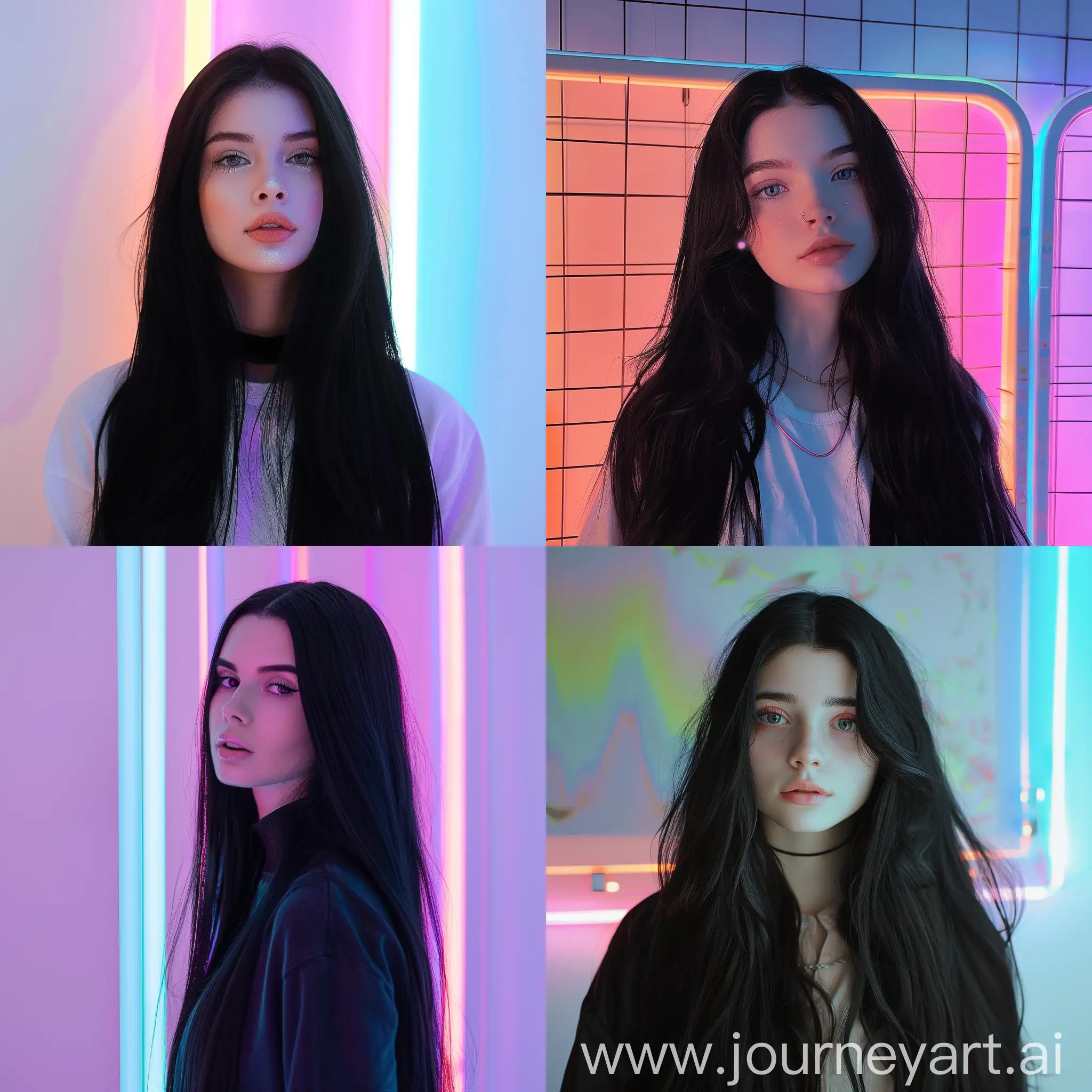 Aesthetic instagram picture real person, caucasian girl with long black hair with a pastel lit wall behind her