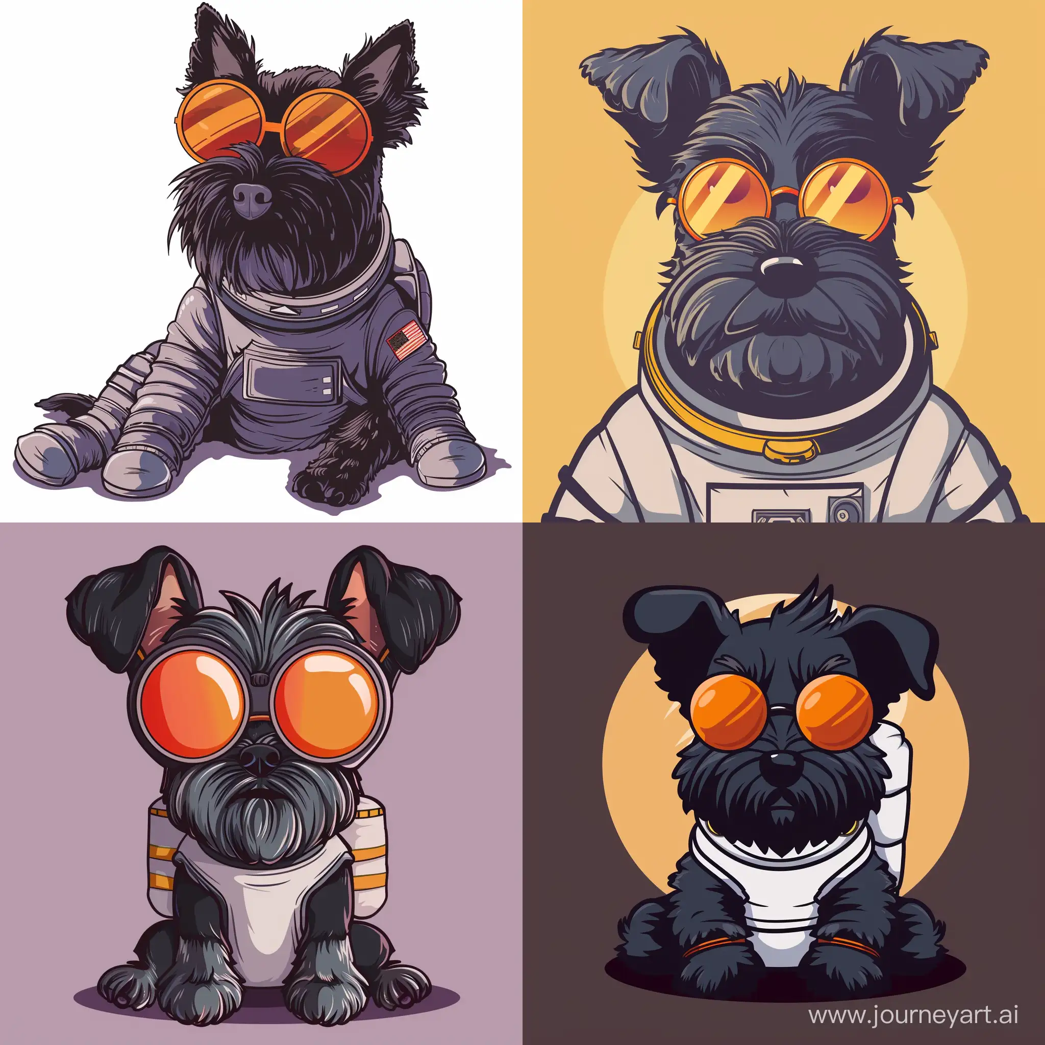 illustration  of a black Scottish Terrier dressed as an astronaut and with round sunglasses of orange color, cartoon style