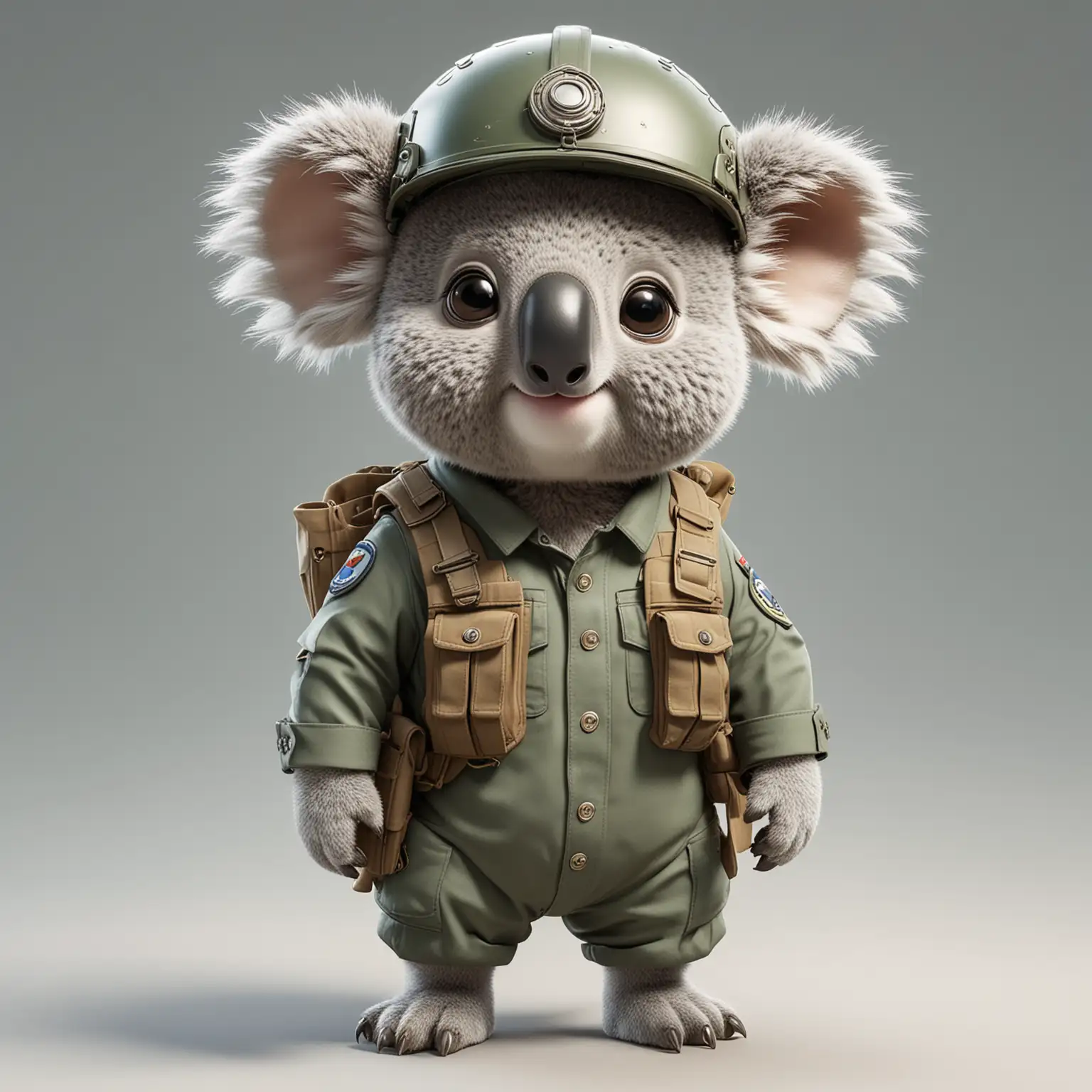a happy koala, cartoon style, full body, big eyes, soldier clothes with helmet, clear background