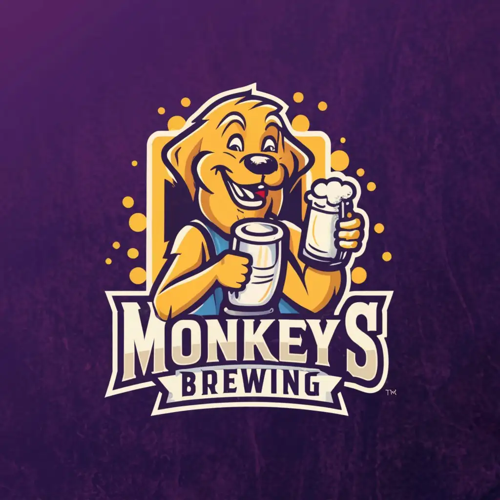a logo design,with the text "Monkey’s Brewing", main symbol:Yellow dog with a beer,complex,clear background