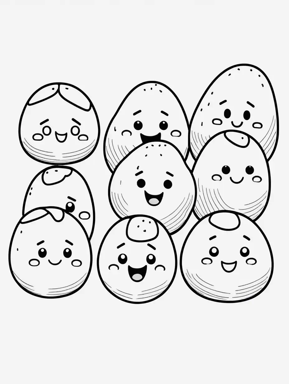 coloring book, cartoon drawing, clean black and white, single line, white background, cute potatoes, emojis