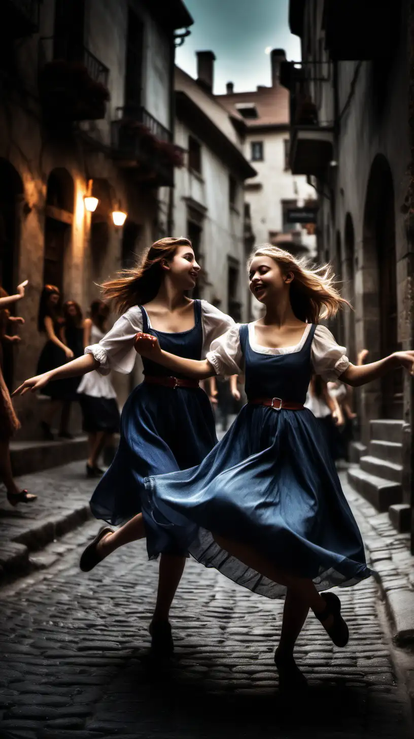 young ladies are dancing in the ancient european street .the background of the picture is a bit dark
