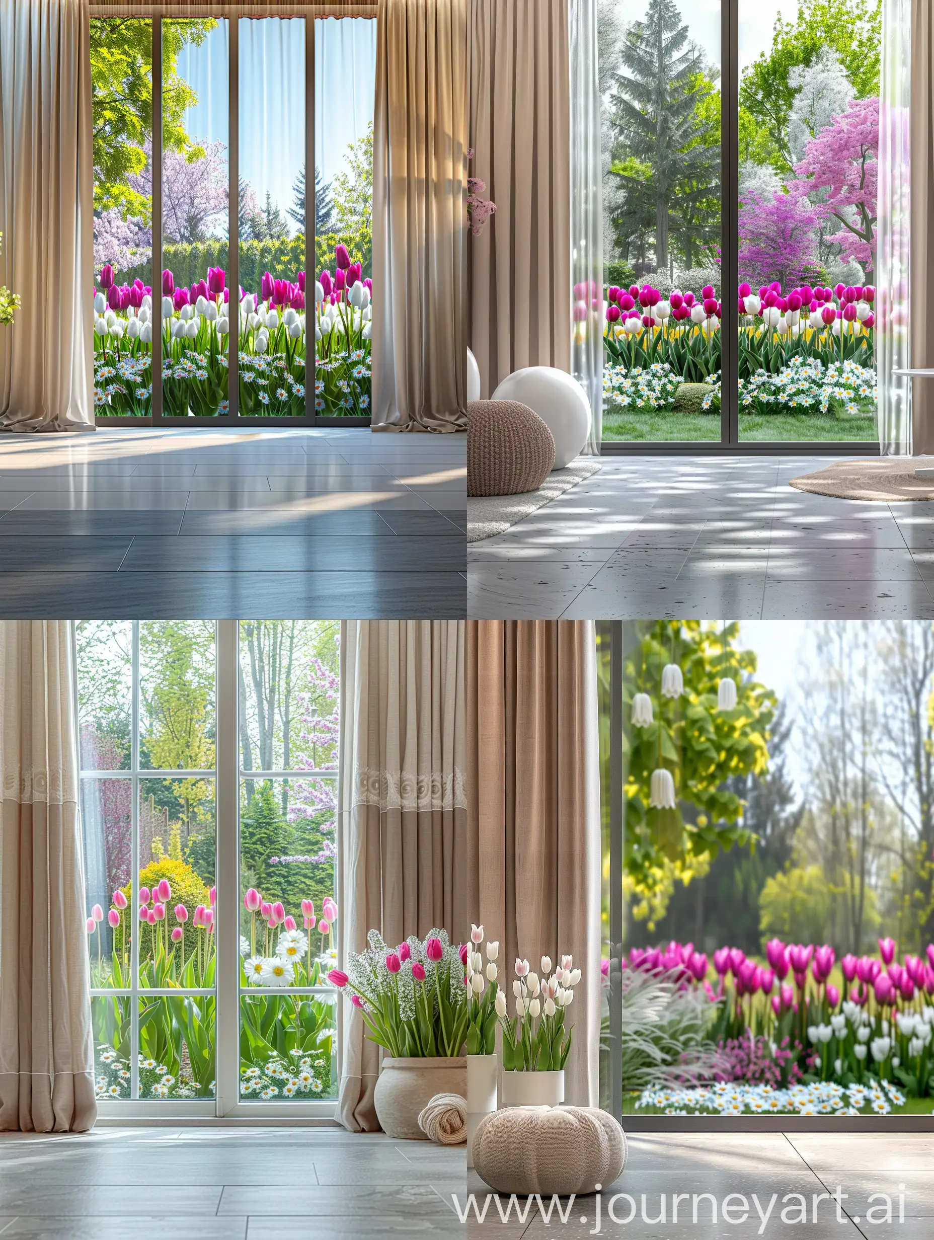 Dettaglio di una finestra grande sul giardino con tulipani fucsia e margherite bianche 
tende beige stile scandinavo decorazioni beige, Pavimento gres grigio. Vista frontale