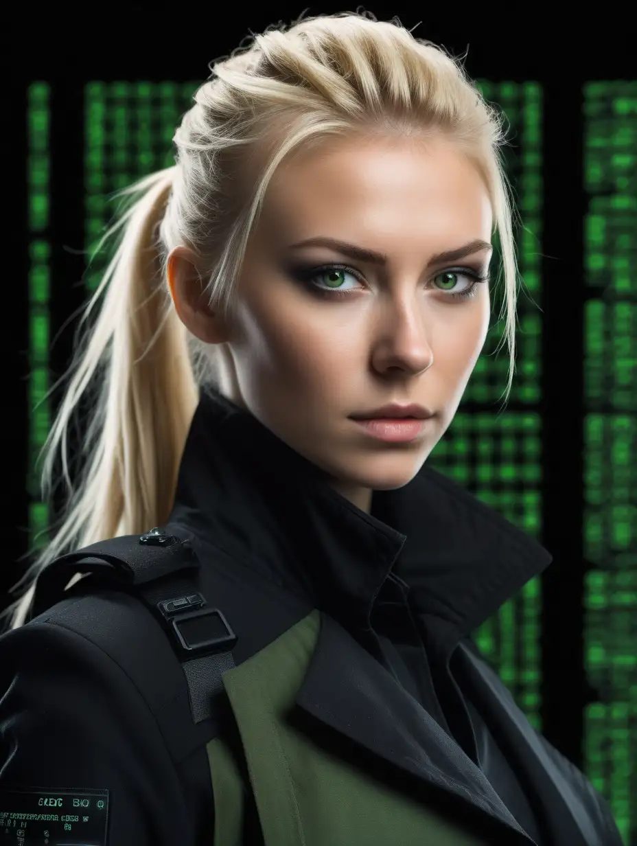 Beautiful Nordic woman, very attractive face, detailed eyes, dark eye shadow, blonde hair in a messy high ponytail, wearing an all black suit and black trench coat, extreme close up, soft light on face, rim lighting, looking back over her shoulder, holding an assault rifle, standing in front of green Matrix code, photorealistic, very high detail, extra wide photo, full body photo, aerial photo