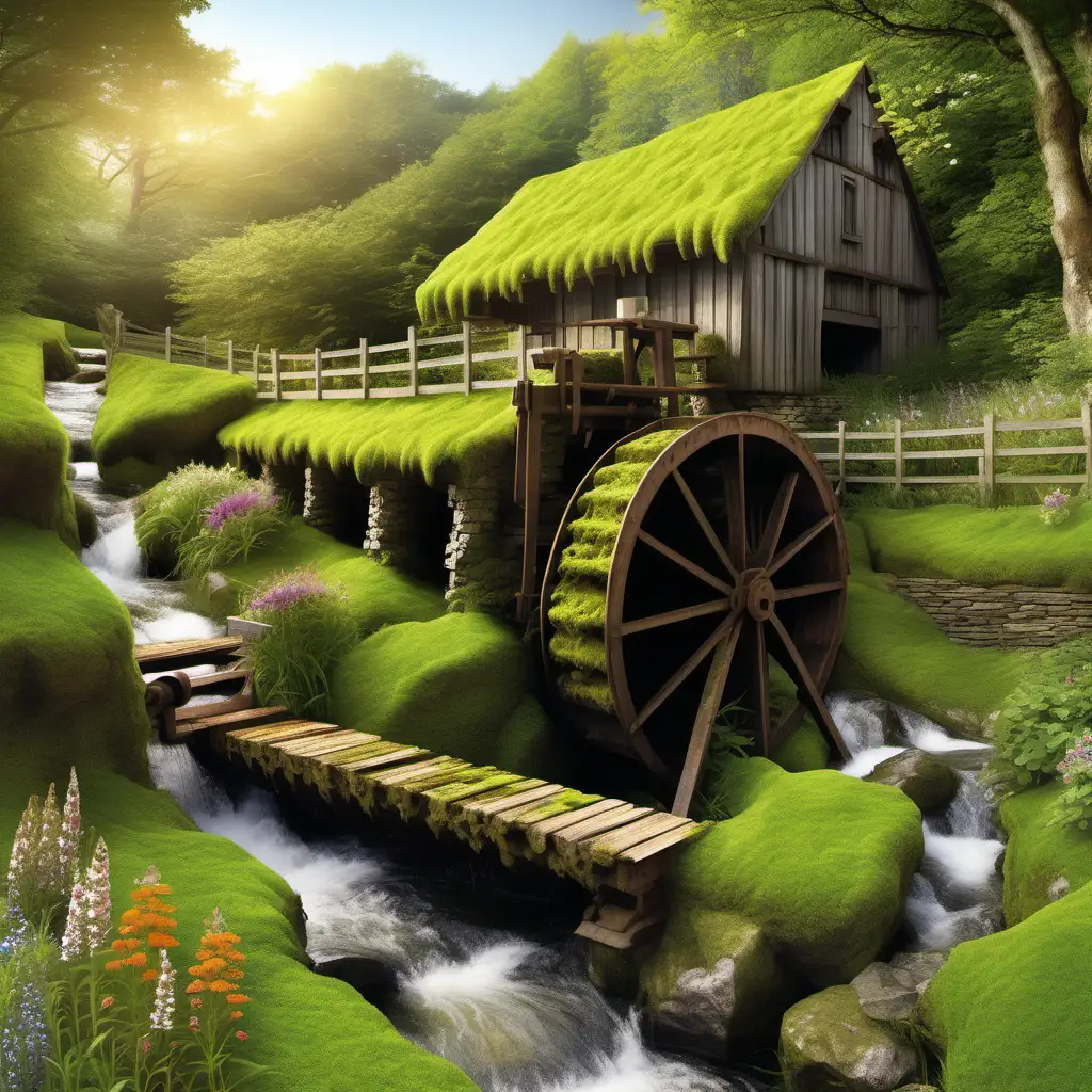 (ancient water mill, moss-covered wooden flume, with water washing over wheel), tranquil countryside, babbling brook, wildflowers, detailed, realistic,