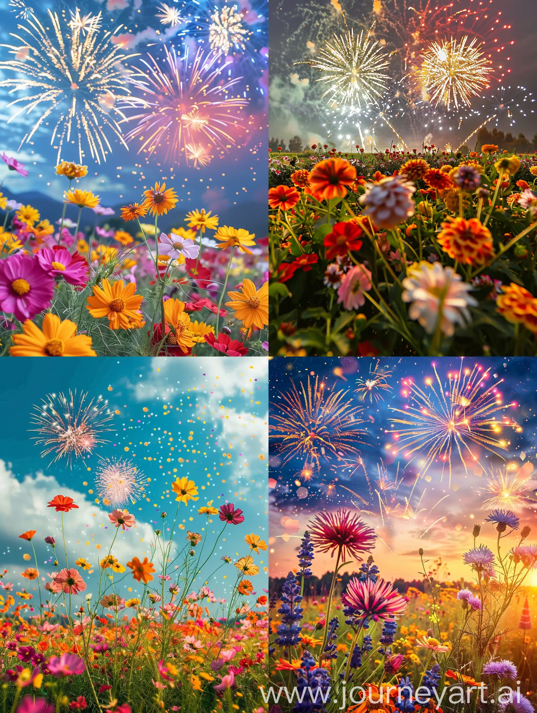 Holiday, fireworks in the sky, flowers in the foreground, a field of bright flowers