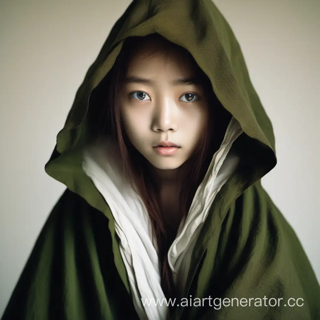 девушка азиатской внешности каштановые волосы зелёные глаза грубые черты лица в старом льняном черном походном плаще 