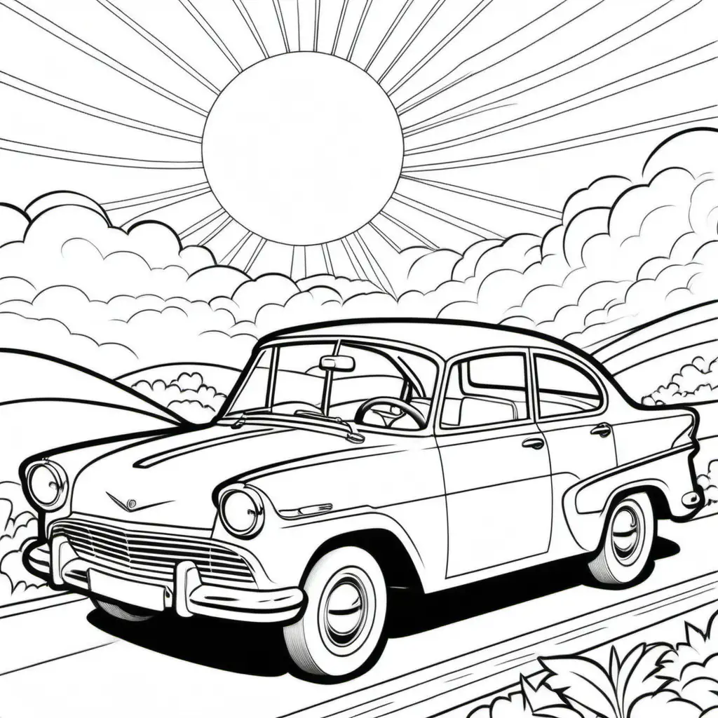 Vintage 1960s Cartoon Car Coloring Page with Sun and Road