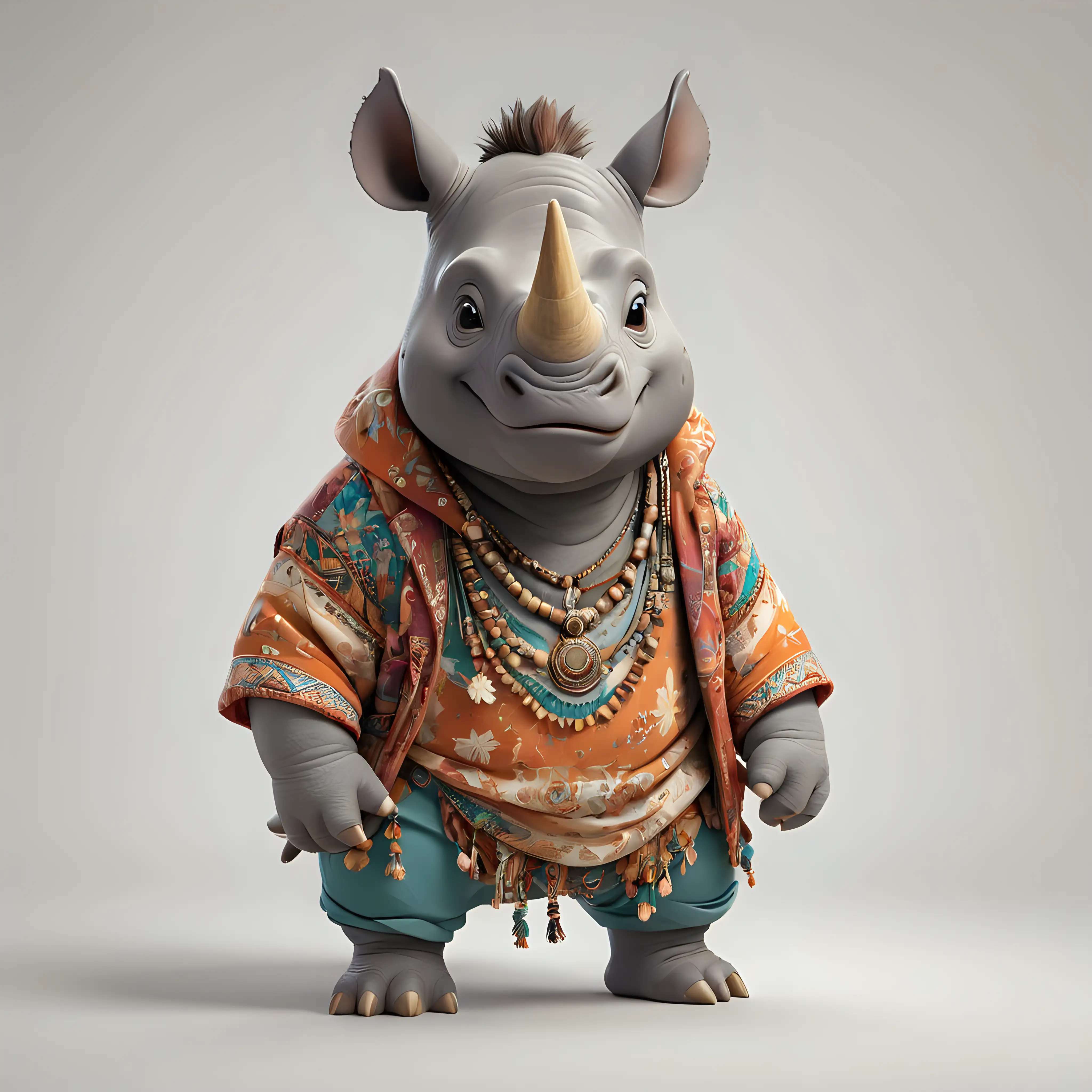 A cute rhinoceros in cartoon style, full body, boho clothes, with white background