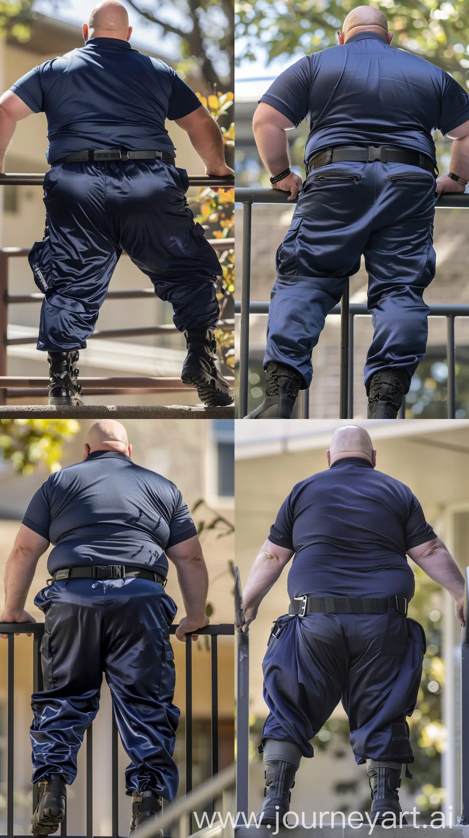 Close-up full body back view photo of a very fat man aged 60 wearing silk navy stretched out battle pants tucked in black tactical boots, he has a tucked in silk navy sport polo shirt and a black tactical belt. Legs straight with hands on a handrail. Outside. Bald. Clean Shaven. Natural light. --ar 9:16