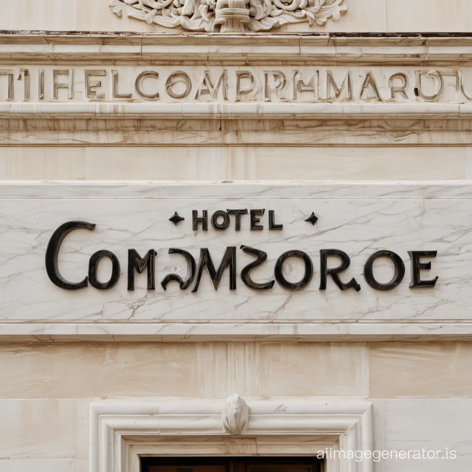 HOTEL COMMODORE sign written in one line in marble board wide front view