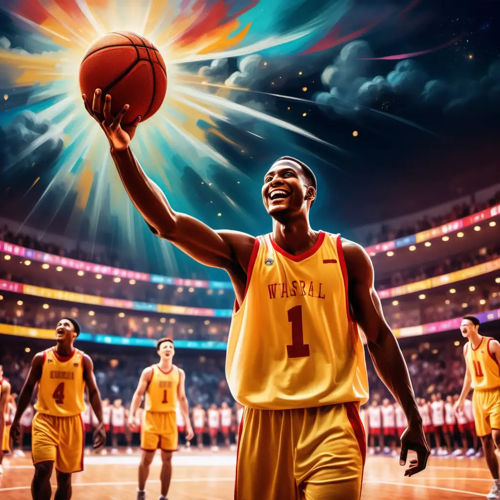 A basketball player confidently smiles while looking at teammates, everything is under control, and he feels great today. With the cheering of the fans in the background, he feels like a deity descended from the heavens. He points to the sky with one hand, unstoppable tonight. The color palette is reminiscent of classical oil paintings with bright colors.