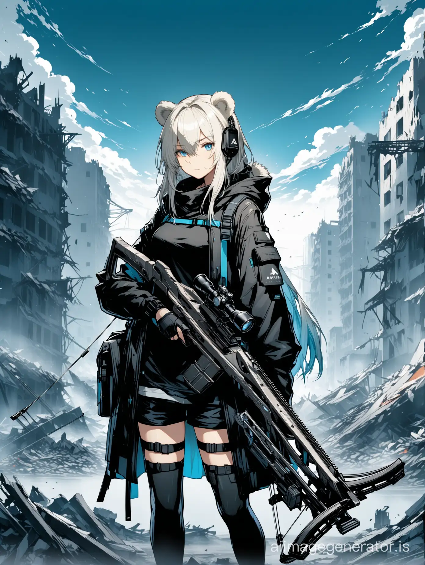 Arknights, (((Arknights))) ursus girl, bear ears, platinum hair, with a crossbow, against the background of destroyed city, (((black clothes with blue elements)))