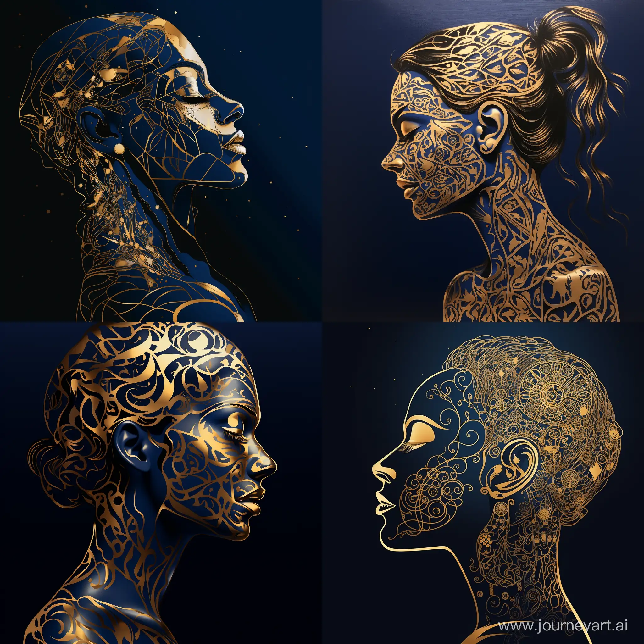Golden-Silhouette-Neurographic-Drawing-of-a-Girl-on-a-Dark-Blue-Background