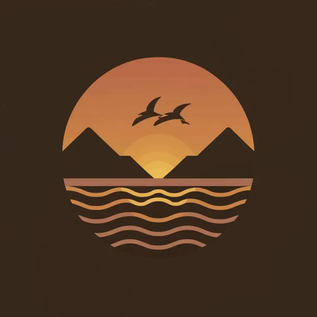 a logo design,with the text "lake at dusk, two wild geese and simple mountains in the vast dusk, dusk's reflection", main symbol:lake's sunset, two wild geese, simple mountains, sunset's reflection,Minimalistic,be used in Travel industry,clear background 将湖的线条取消，湖颜色改为蓝色，落日改为圆的，包裹住飞的大雁


