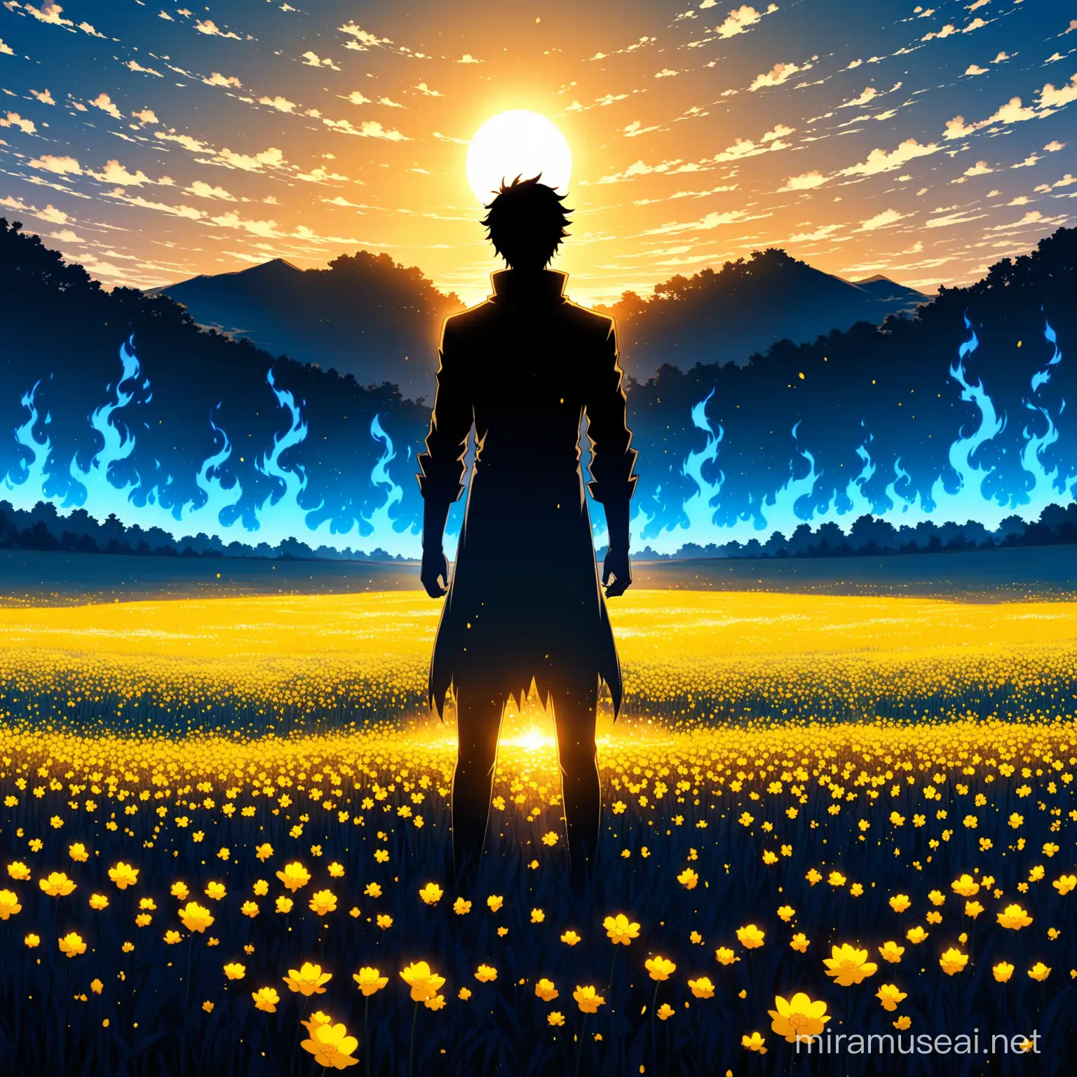 simple shadowy figure, male, anime style, standing on a yellow flower field, sunrise, sunbeams, flower field burns, blue flames