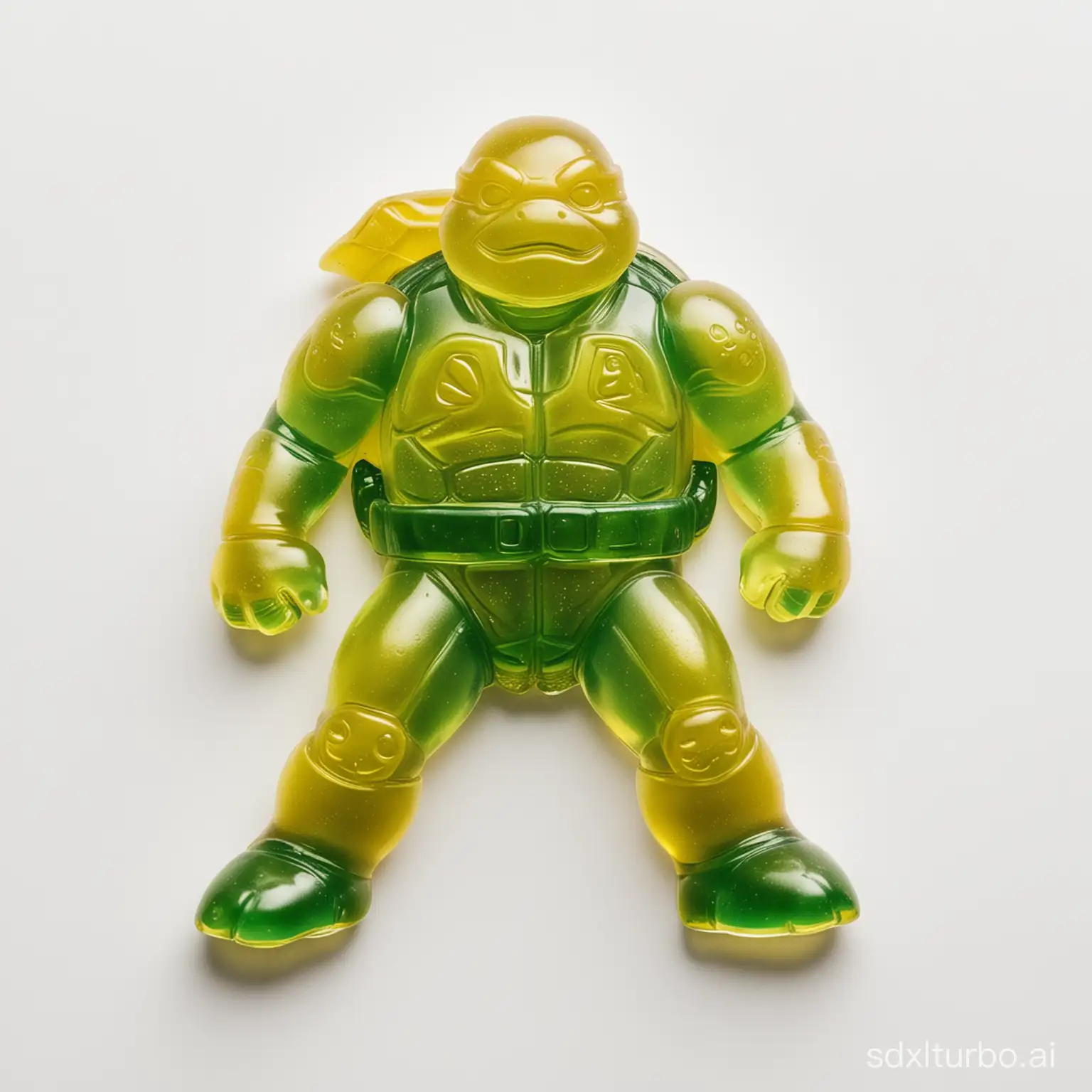 A translucent gummy in the shape of a Teenage Mutant Ninja Turtle, featuring primarily green and yellow colors. Photographed from a top-down perspective against a pure white background.
