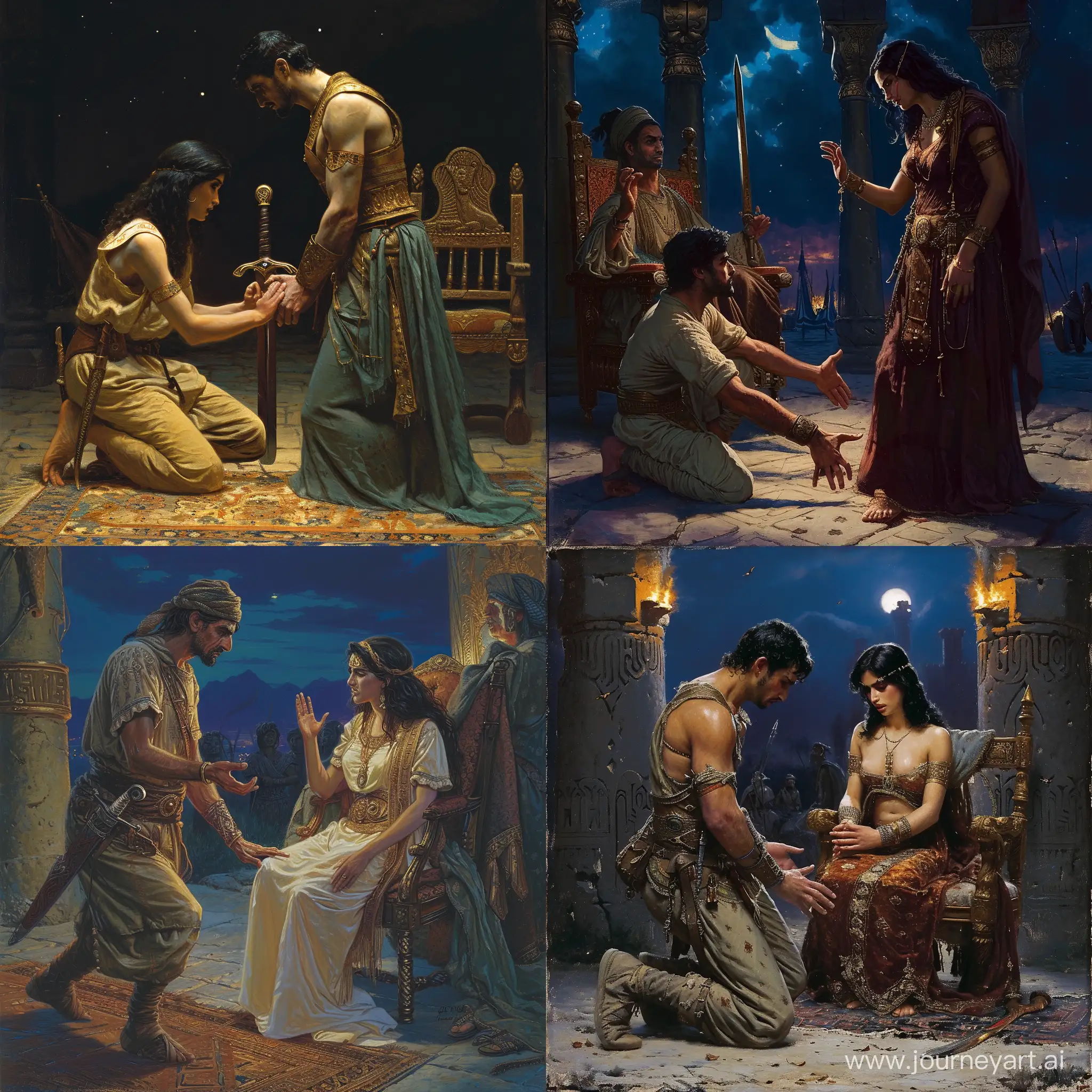 The ancient Arab soldier is kneeling in fear in front of the beautiful Persian princess and his hands are shaking and begging, it is night and there is a sword in the princess's hand and the princess is sitting on the king's chair.