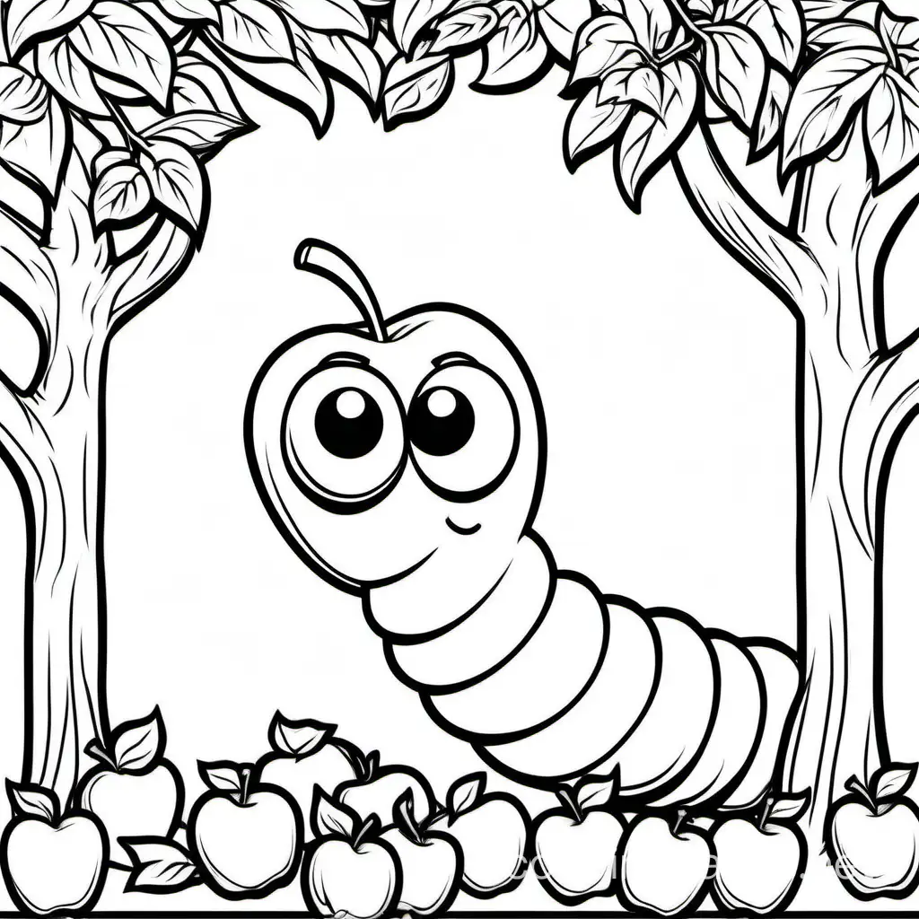 a worried worm is looking out from an apple tree, Coloring Page, black and white, line art, white background, Simplicity, Ample White Space. The background of the coloring page is plain white to make it easy for young children to color within the lines. The outlines of all the subjects are easy to distinguish, making it simple for kids to color without too much difficulty