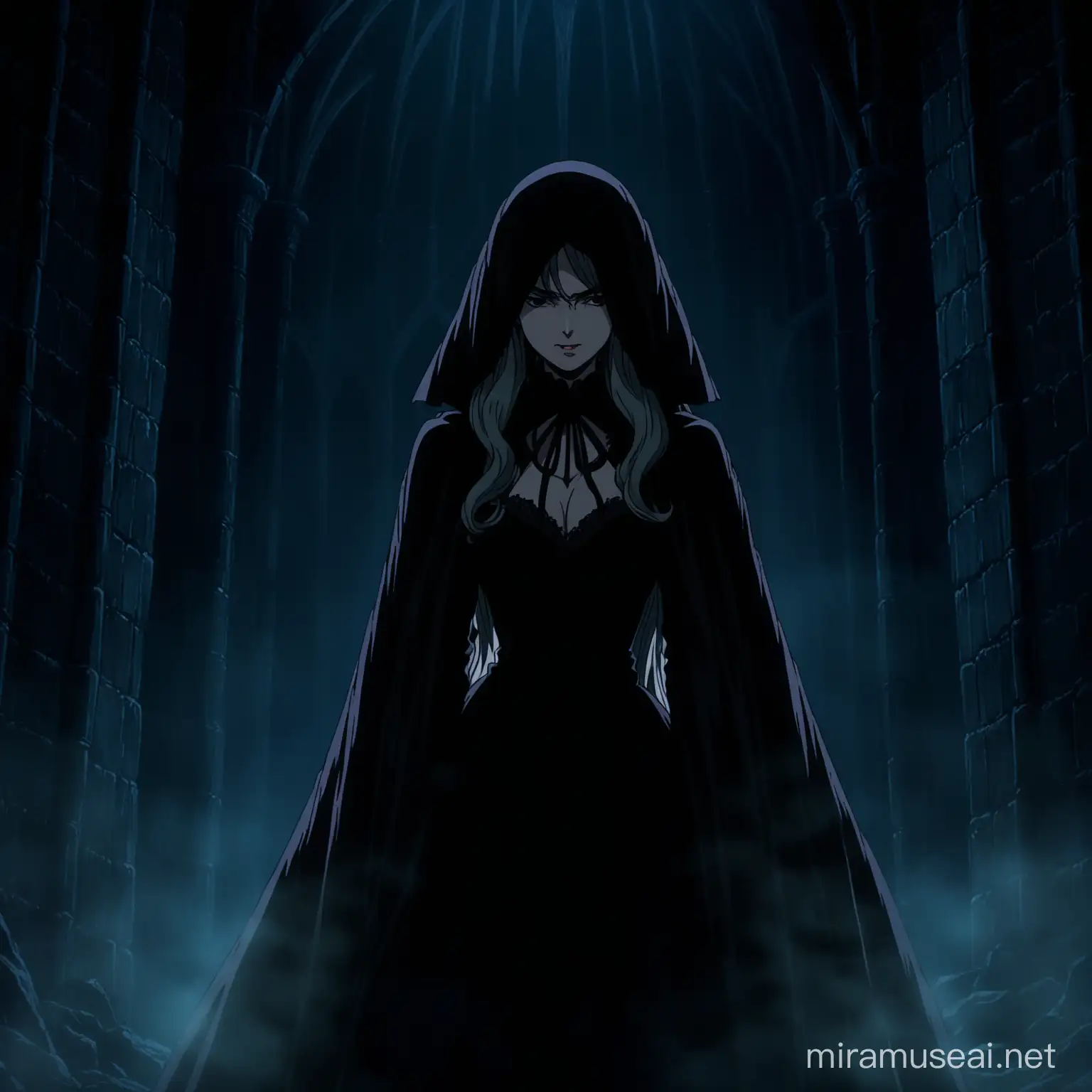 A victorian lady wearing a black dress and a long black veil that covers her entire face, hd, dramatic lighting, detailed, 90s anime, 80s anime, dark colors, castlevania symphony of the night style, berserk style, vampire Hunter d style, ghibli studio style, anime screencap, bloodborne style.
