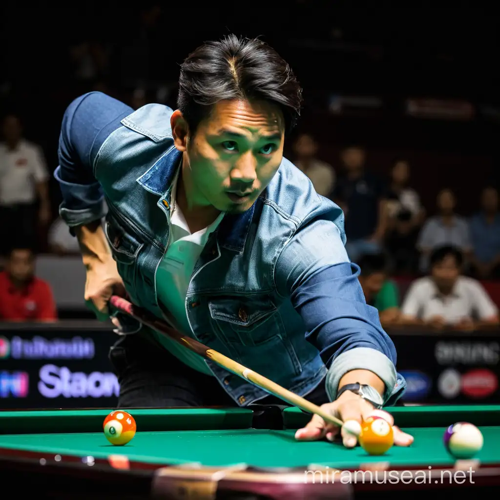 39 year old Indonesian man, billiards whiz, in action at the Asian championship. His unwavering focus and lively demeanor epitomize male mastery. Wearing a white t-shirt, blue jeans jacket, he exudes strength and precision. In the dimly lit arena, he aimed his shots with finesse, embodying the essence of billiards excellence. The camera angle, parallel to the ball, captures the moment in incredibly realistic detail. This shot captures his prowess and passion, showcasing his presence on the pool stage