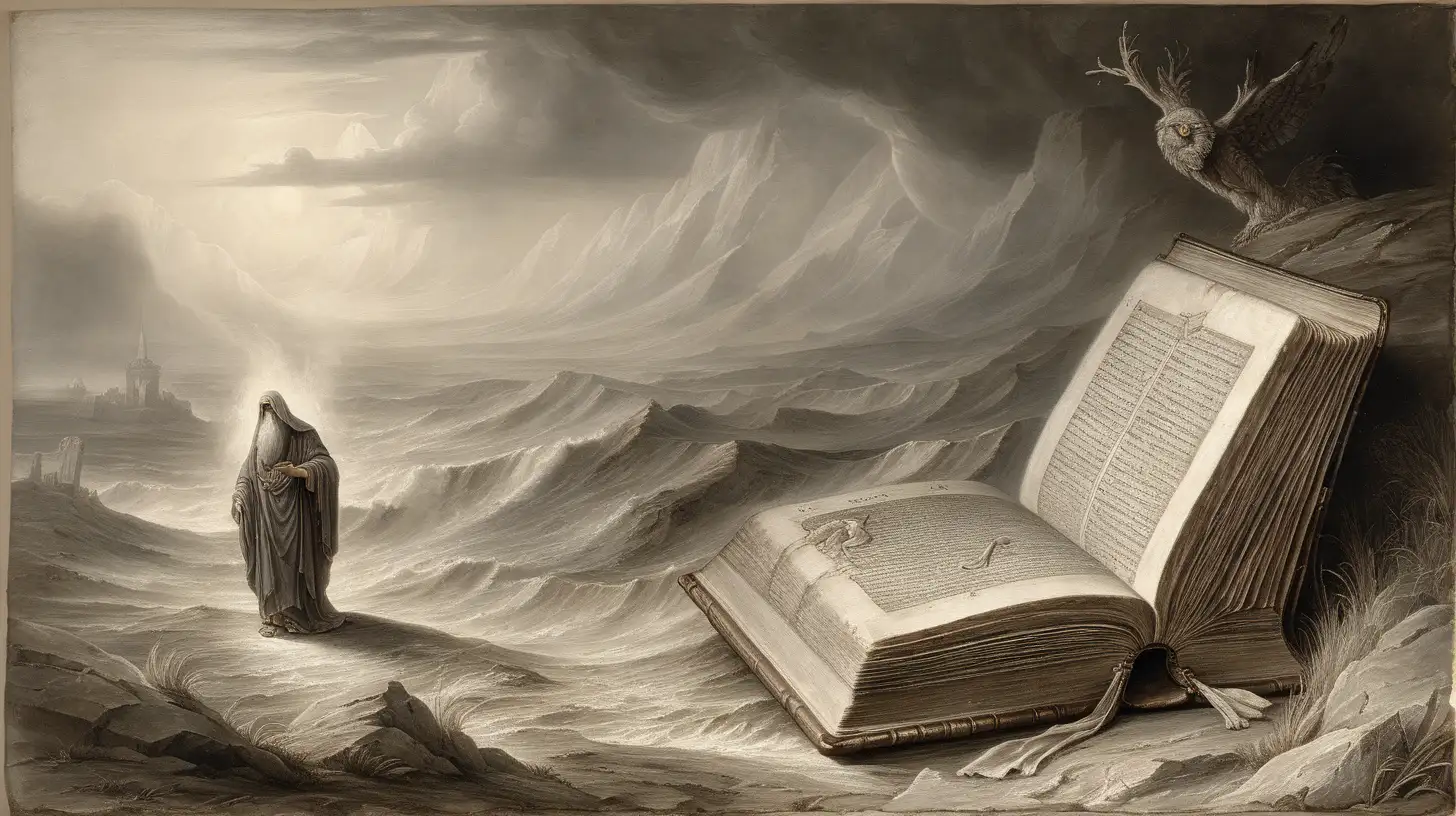 Compose a vivid scene depicting an ancient book purportedly belonging to Enoch, with its weathered pages unfurled and bearing the stains of time, perhaps even tear-streaked, accompanied by an enigmatic depiction or representation of the legendary figure Enoch, shrouded in the mists of antiquity."