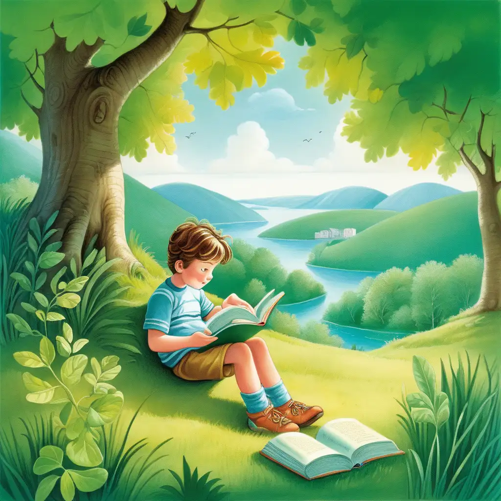 illustration infantil,paisaje, con hojas verdes un nino sentadoleyertyando un libro la tecnica es colores 
