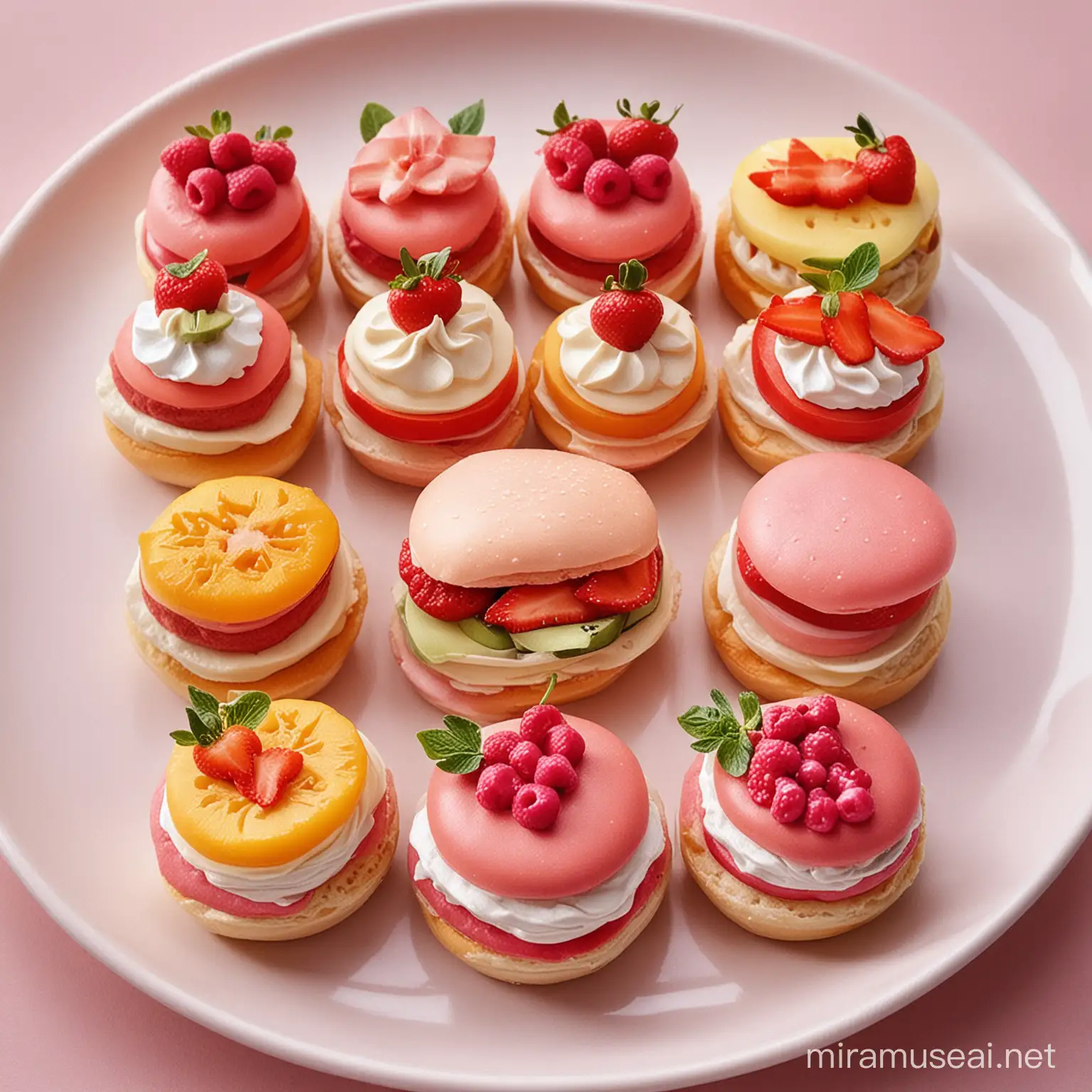 Je souhaiterai des minis burgers avec des tiramisus de couleurs différentes et des fruits découpés tout ca dans les tons rosés et très détaillés et très beau pour que ca donne envie de les manger